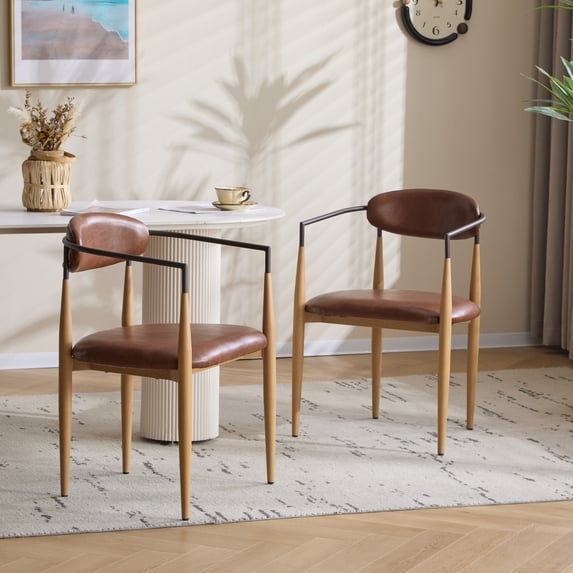 Noble House Minimalist PU Upholstered Dining Chairs with Metal Frame, Maple+Coffee, Set of 2