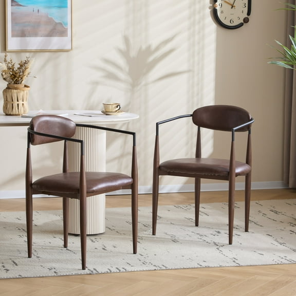 Noble House Minimalist PU Upholstered Dining Chairs with Metal Frame, Walnut+Black, Set of 2