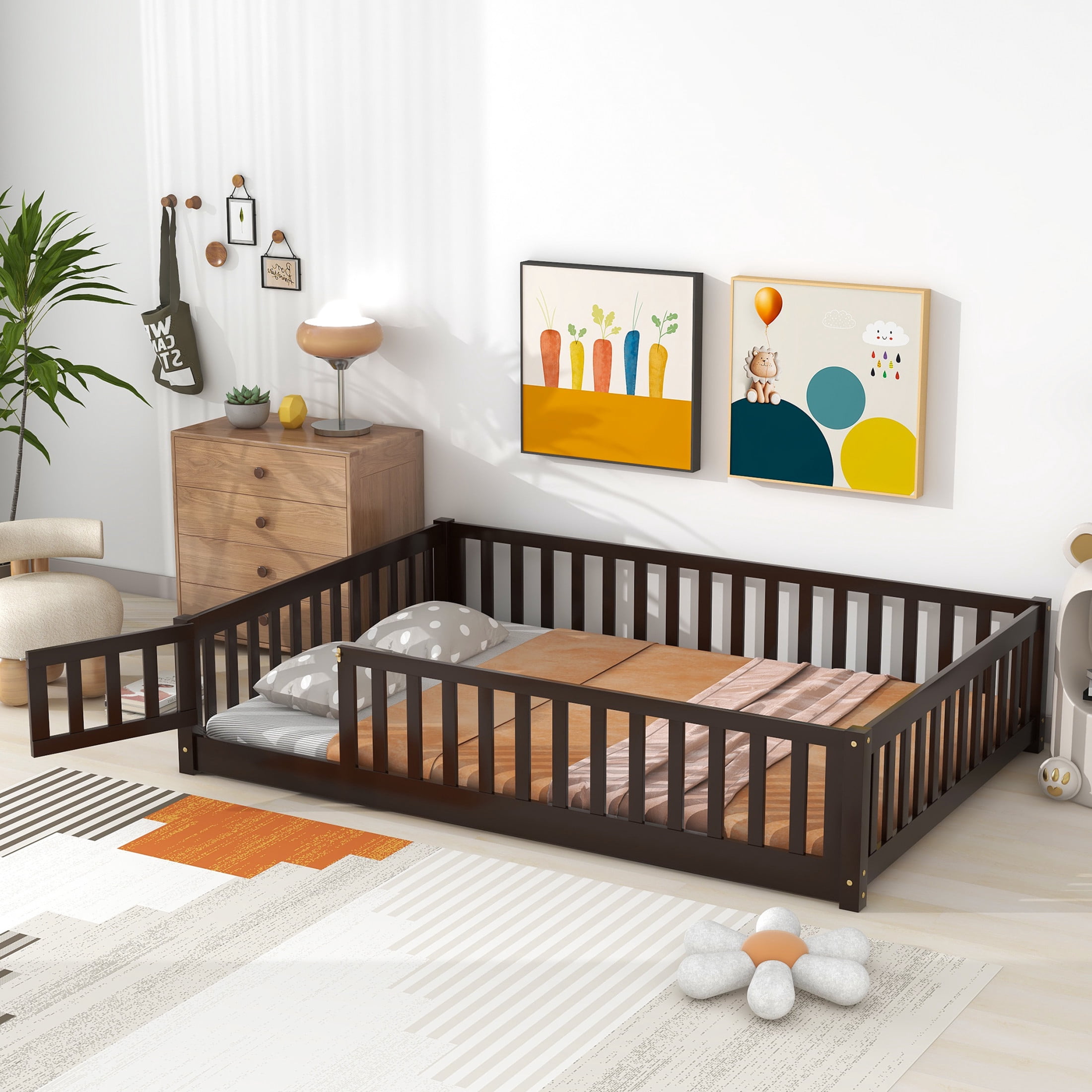 Noble House Mira Full Floor Bed with Fence and Door, Sturdy Rubber Wood Montessori Bed Frame, Kid's Room, Espresso