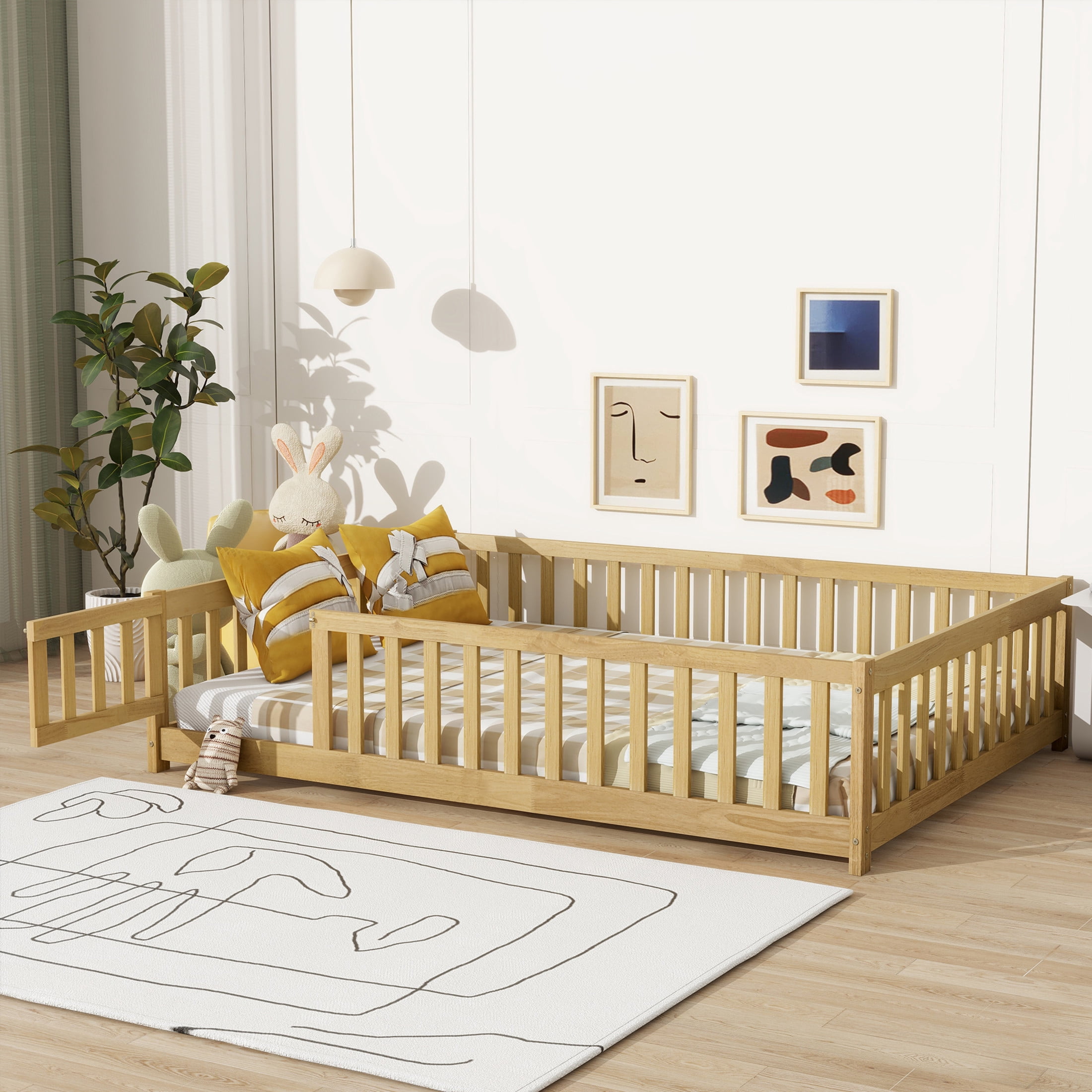 Noble House Mira Full Floor Bed with Fence and Door, Sturdy Rubber Wood Montessori Bed Frame, Kid's Room, Natural