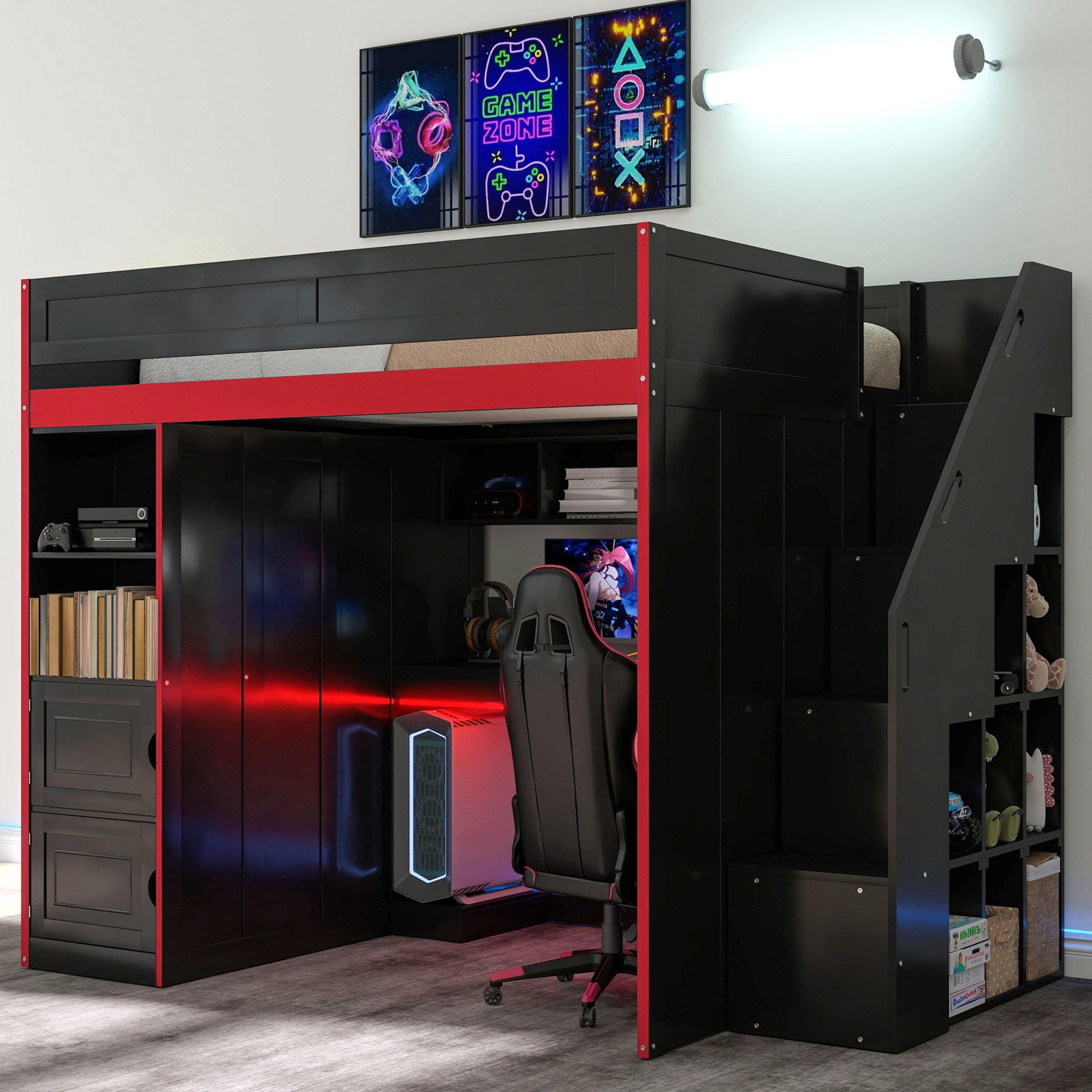 Noble House Mira Full Gaming Loft Bed, Desk with Storage Locker & LED Lights, Solid Wood Frame, Black and Red