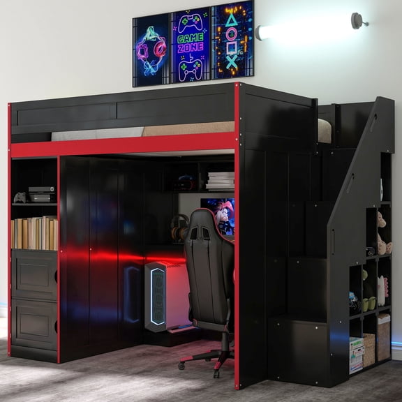 Noble House Mira Full Gaming Loft Bed, Desk with Storage Locker & LED Lights, Solid Wood Frame, Black and Red
