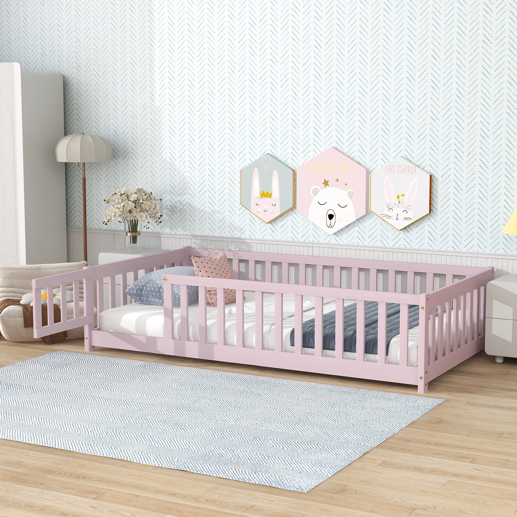 Noble House Mira Twin Floor Bed with Fence and Door, Sturdy Rubber Wood Montessori Bed Frame, Kid's Room, Pink