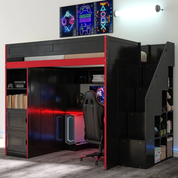 Noble House Mira Twin Gaming Loft Bed, Desk with Storage Locker & LED Lights, Solid Wood Frame, Black and Red
