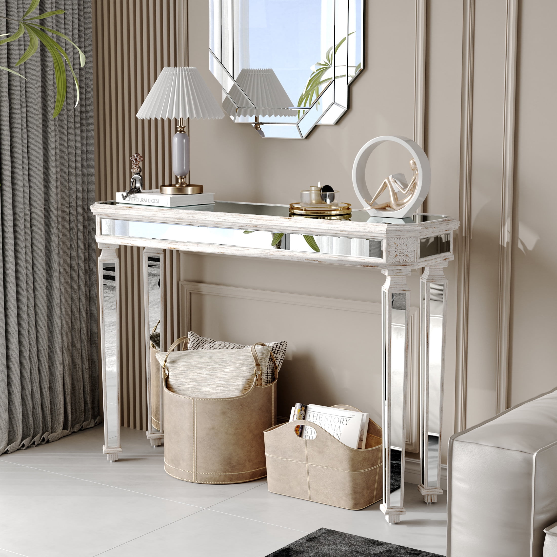 Noble House Mirror Console Table Vintage Wood Grain Carving Process Gorgeous and Noble for Entryway, Sofa Table,Living Room, Oak+Silver