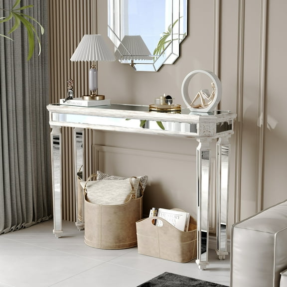 Noble House Mirror Console Table Vintage Wood Grain Carving Process Gorgeous and Noble for Entryway, Sofa Table,Living Room, Oak+Silver