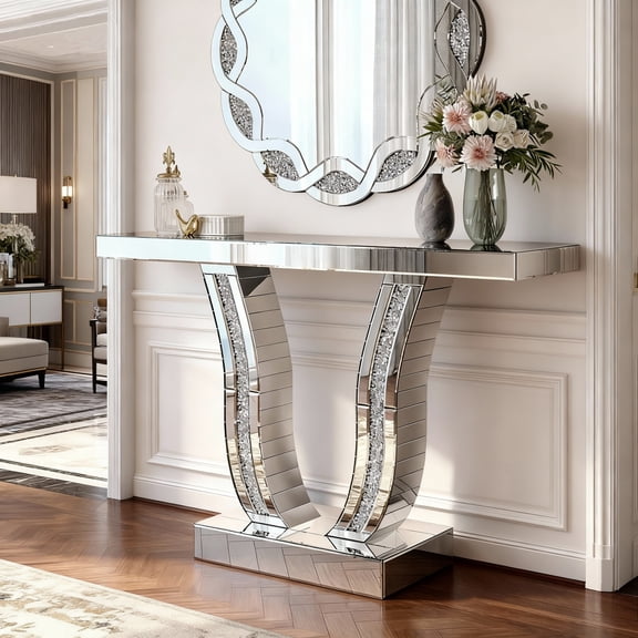 Noble House Mirrored Console Table, Modern Silver Entryway Sofa Table with Curved Stone-Inlaid Legs, Silver Glam Entryway Table,Silver
