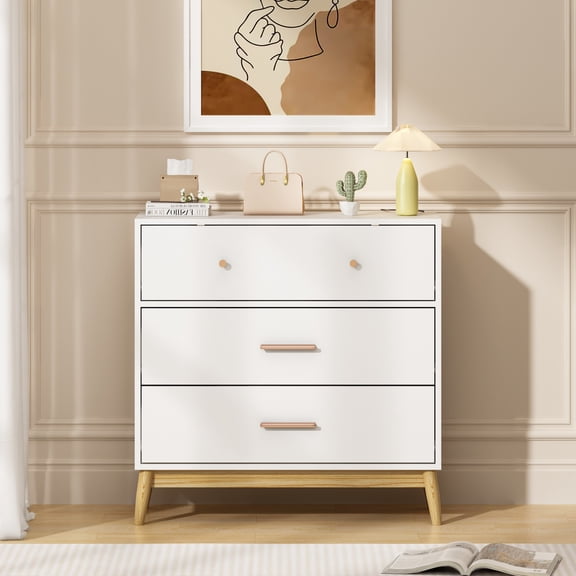 Noble House Misty 32" Nordic Storage Cabinet, Modern Chest of Drawers, Handles with Solid Wood Base, White & Natural