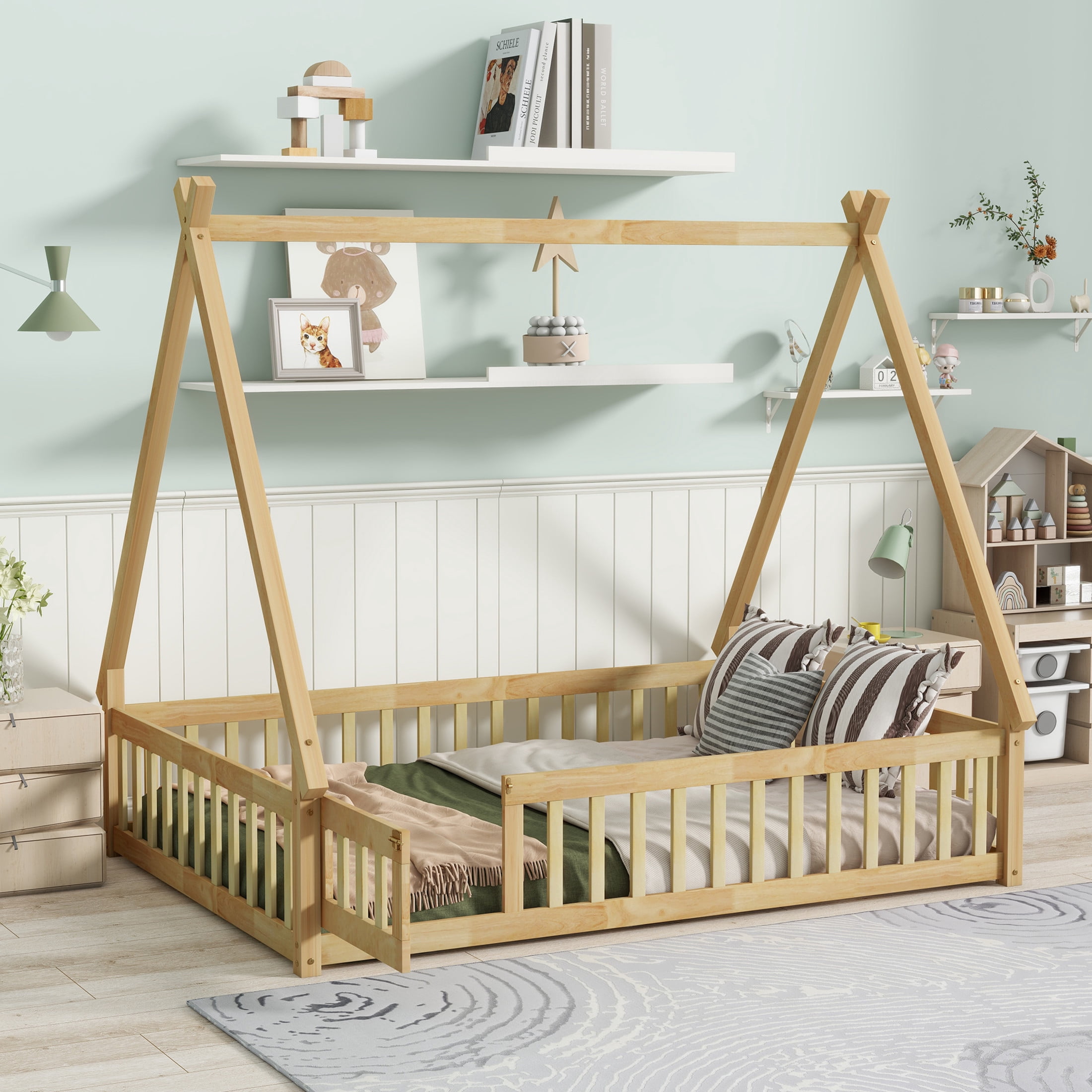 Noble House Misty Full Teepee Floor Bed with Safety Fence and Door, Solid Rubber Wood Tent Bed, Kid's Room, Natural