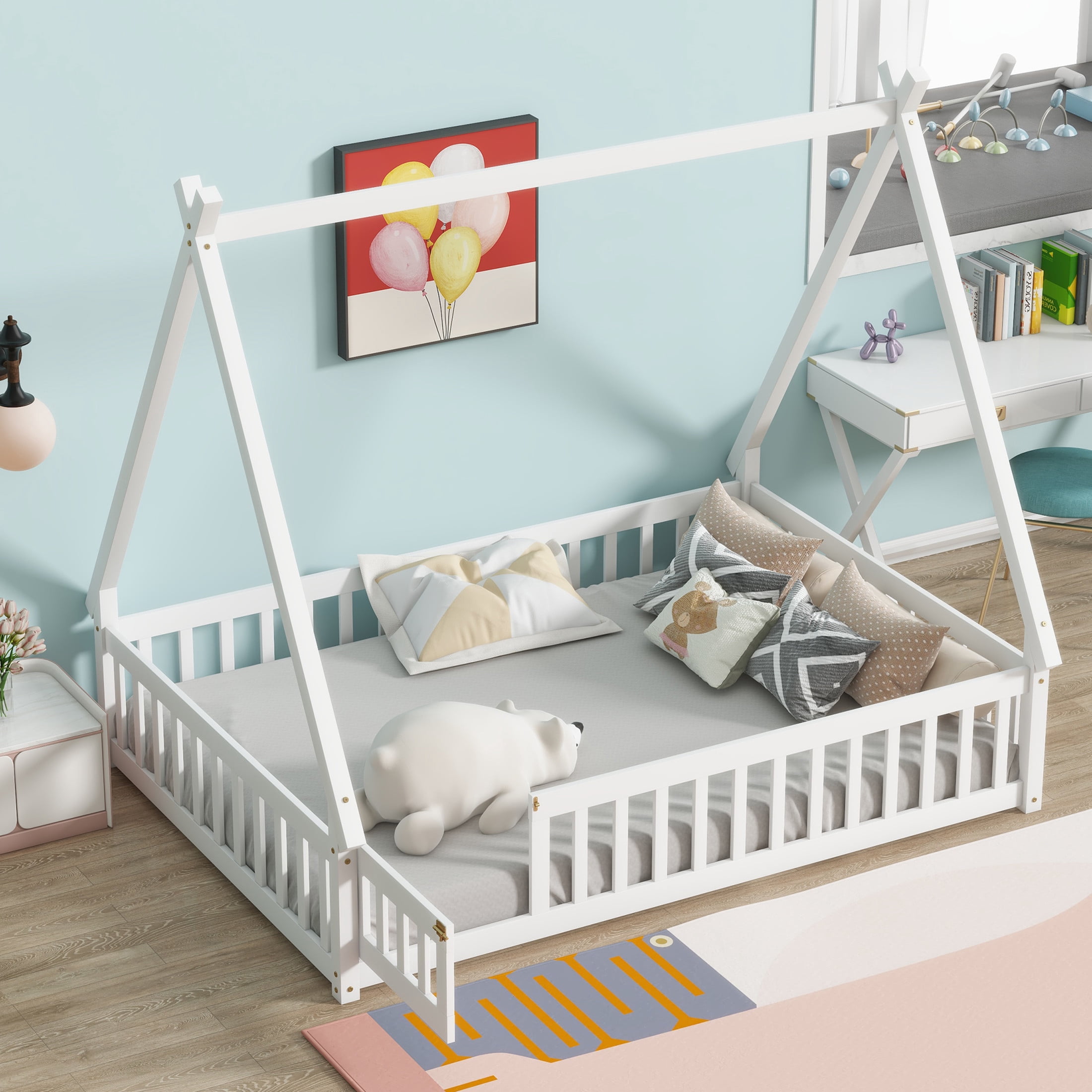 Noble House Misty Full Teepee Floor Bed with Safety Fence and Door, Solid Rubber Wood Tent Bed, Kid's Room, White