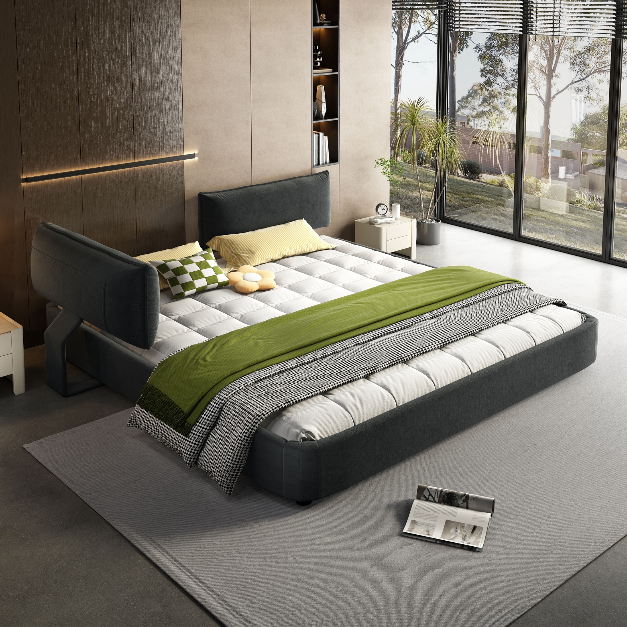 Noble House Misty King Size Chenille Upholstered Cloud Bed Frame, Adjustable Swivel Headboard & Round Corners, Dark Grey