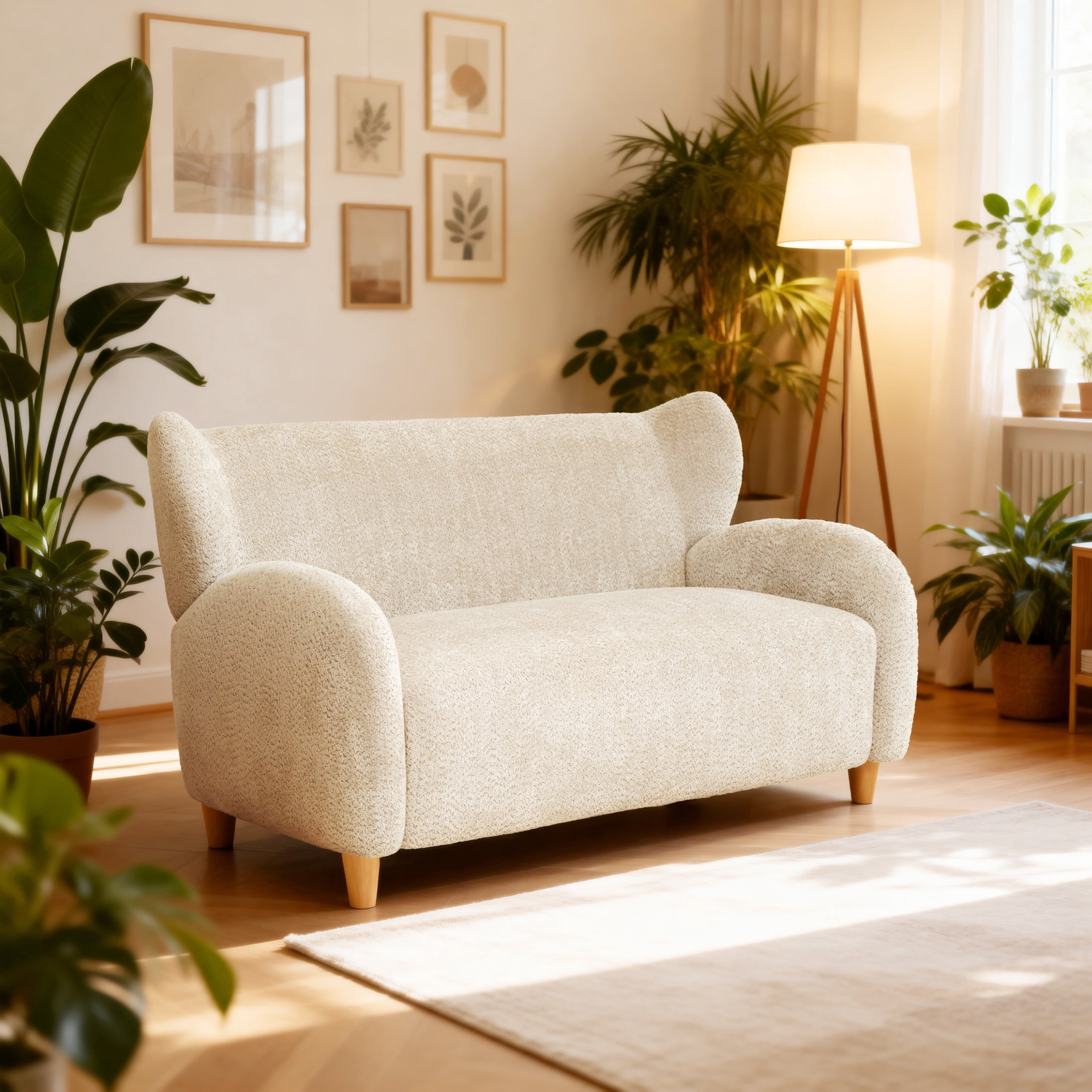 Noble House Misty Nordic 58" Loveseat Accent Chair, Curved Backrest Chenille Fabric Sofa for Living Room, Camel