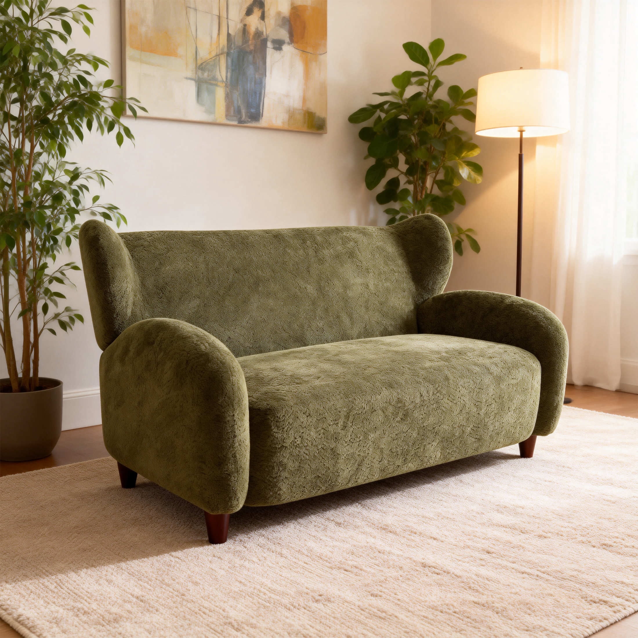 Noble House Misty Nordic 58" Loveseat Accent Chair, Curved Backrest Chenille Fabric Sofa for Living Room, Olive Green