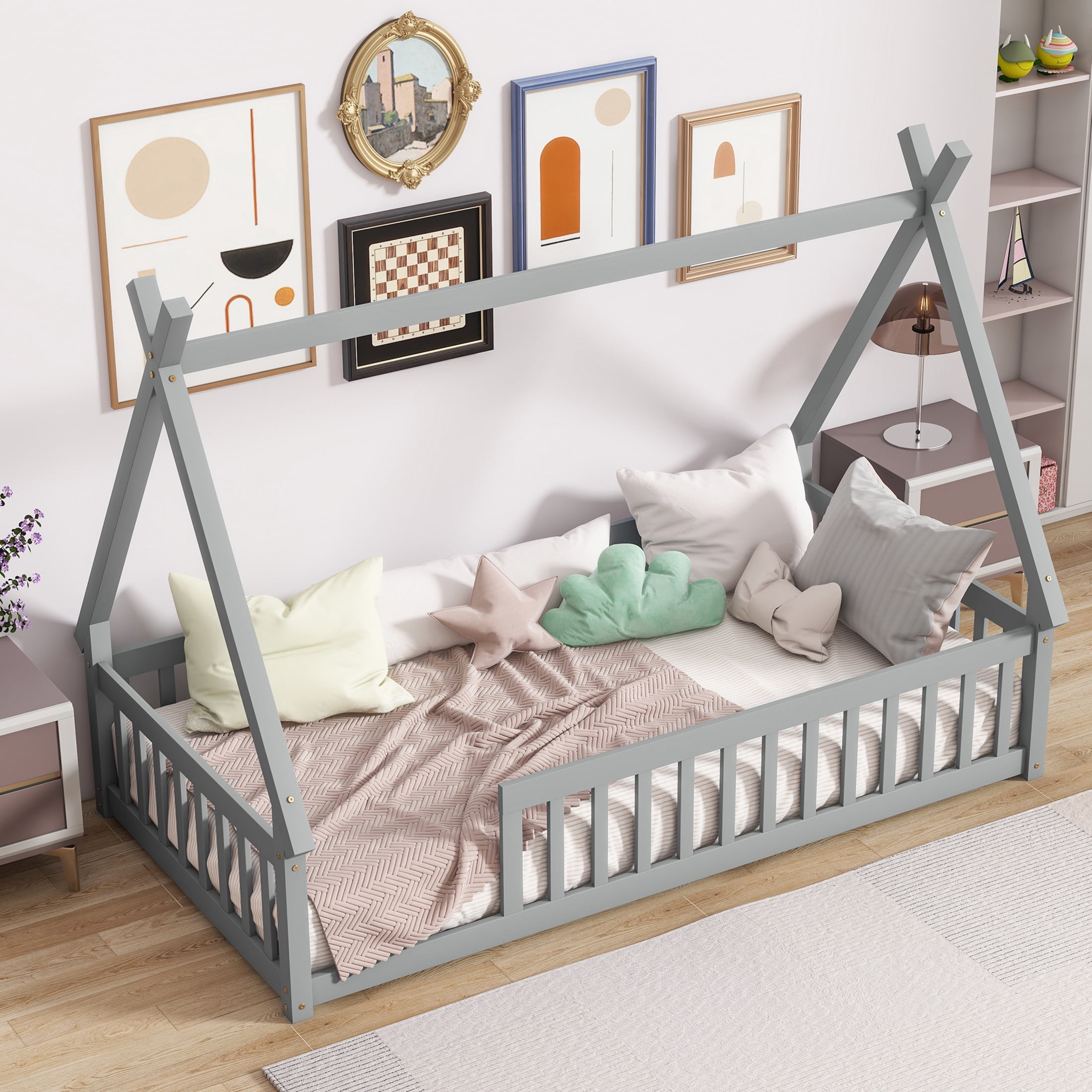 Noble House Misty Twin Teepee Floor Bed with Safety Fence, Solid Rubber Wood Tent Bed, Kid's Room, Gray