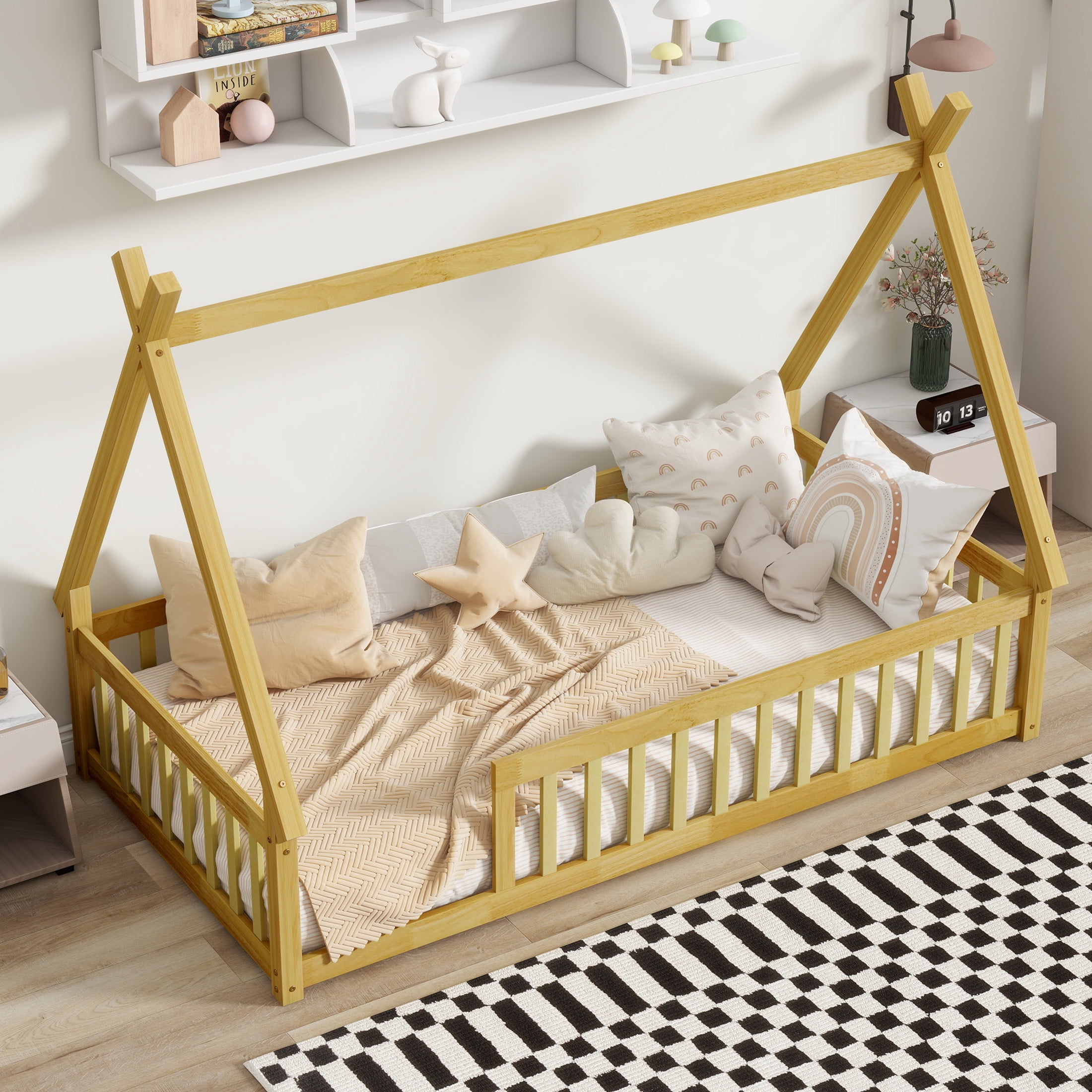 Noble House Misty Twin Teepee Floor Bed with Safety Fence, Solid Rubber Wood Tent Bed, Kid's Room, Natural