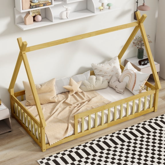 Noble House Misty Twin Teepee Floor Bed with Safety Fence, Solid Rubber Wood Tent Bed, Kid's Room, Natural
