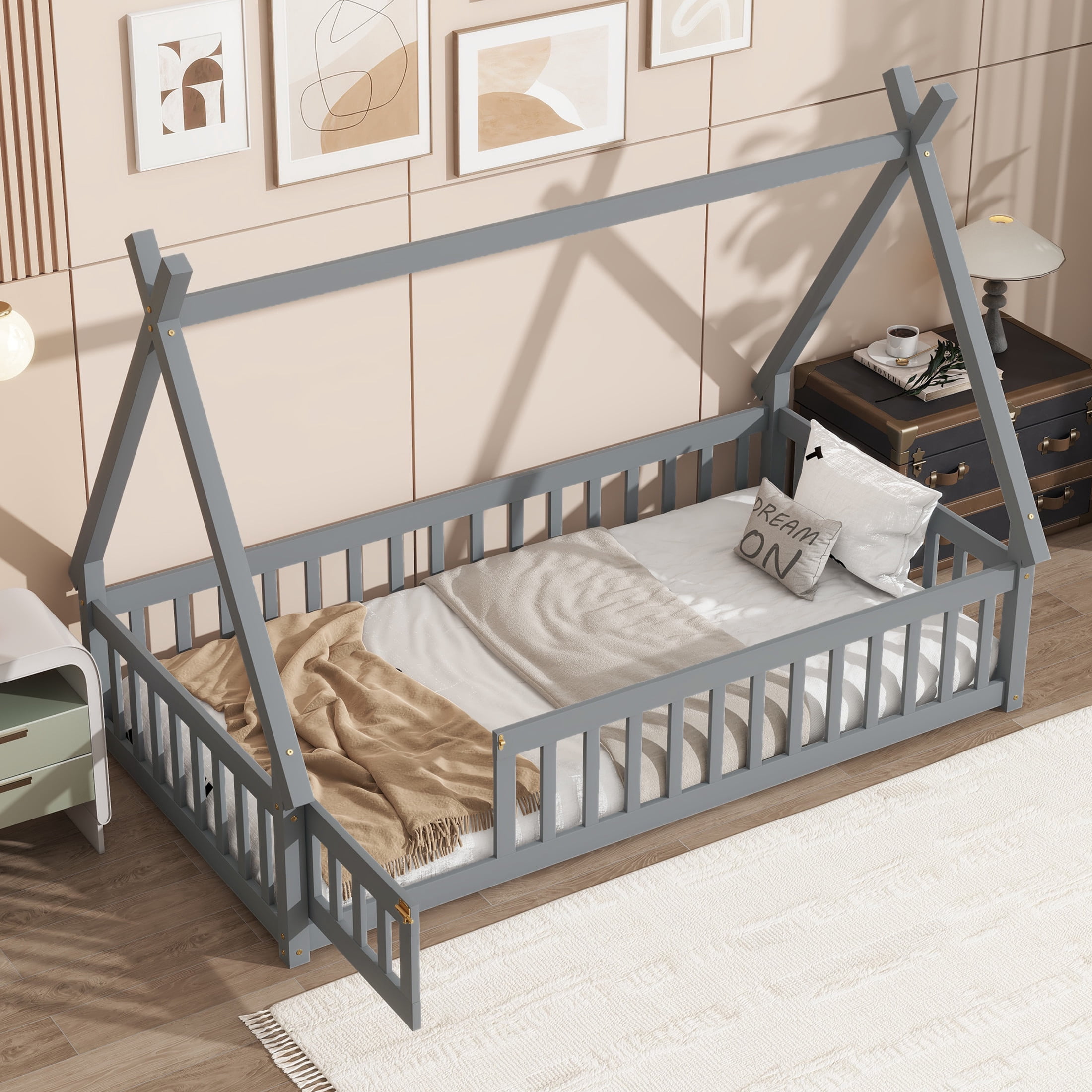 Noble House Misty Twin Teepee Floor Bed with Safety Fence and Door, Solid Rubber Wood Tent Bed, Kid's Room, Gray