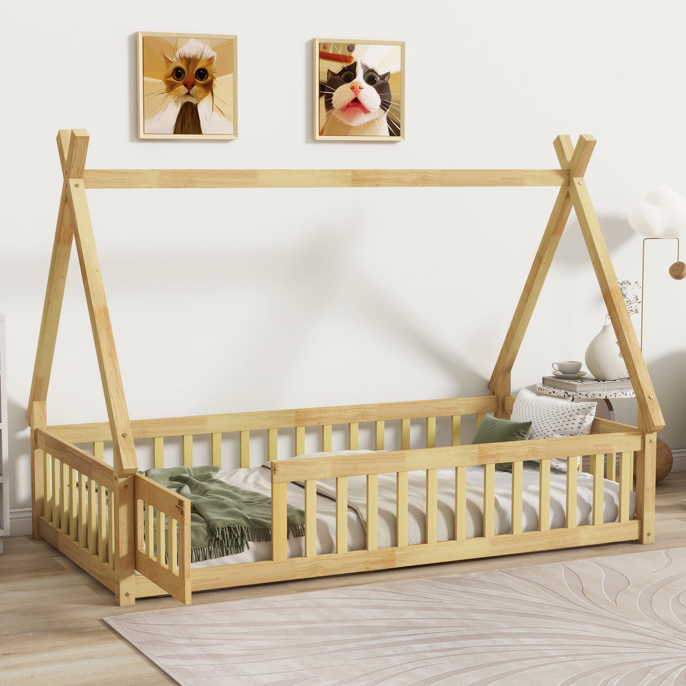 Noble House Misty Twin Teepee Floor Bed with Safety Fence and Door, Solid Rubber Wood Tent Bed, Kid's Room, Natural