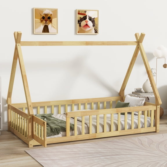 Noble House Misty Twin Teepee Floor Bed with Safety Fence and Door, Solid Rubber Wood Tent Bed, Kid's Room, Natural