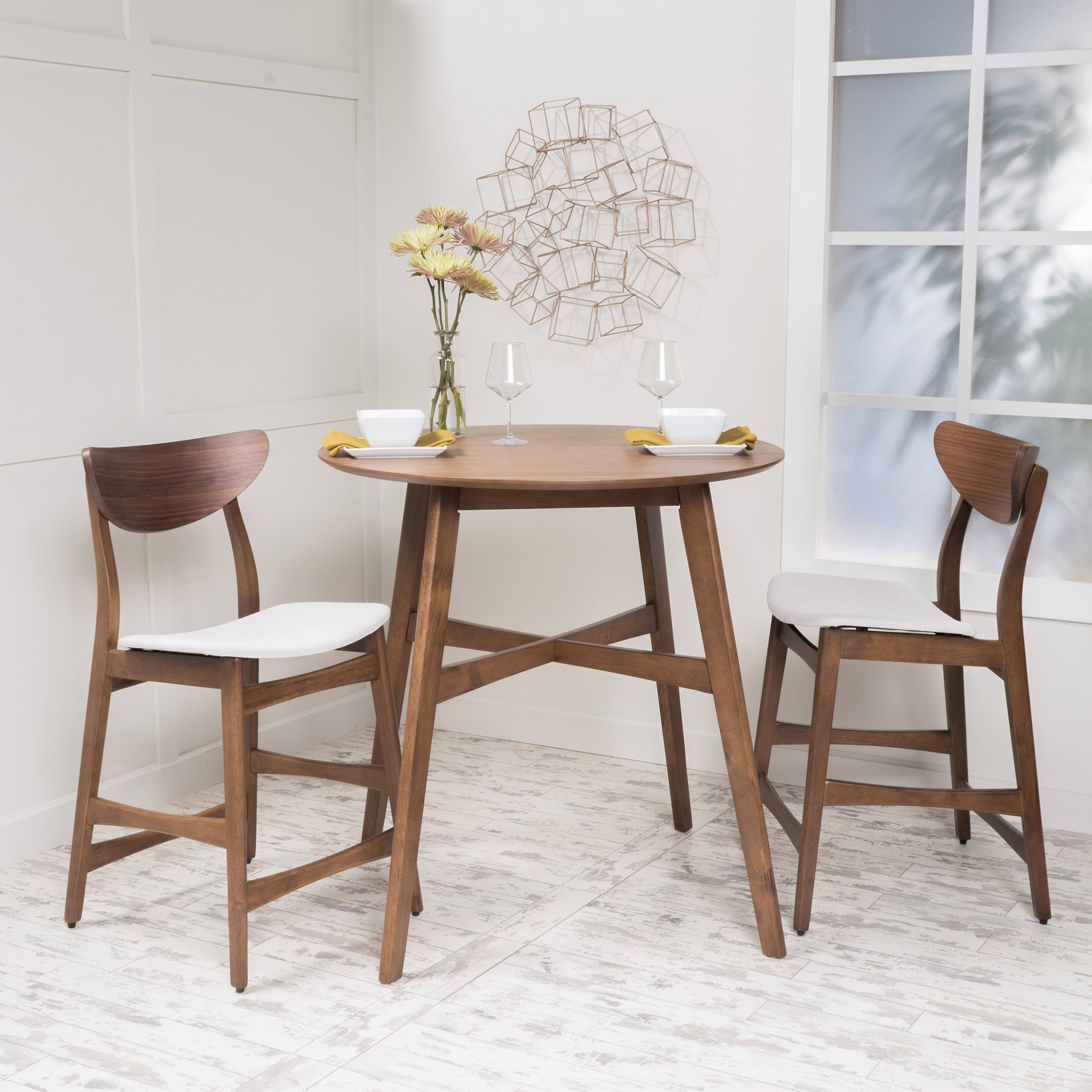 Noble House Mitchell Counter Height Dining Set, Walnut, Beige