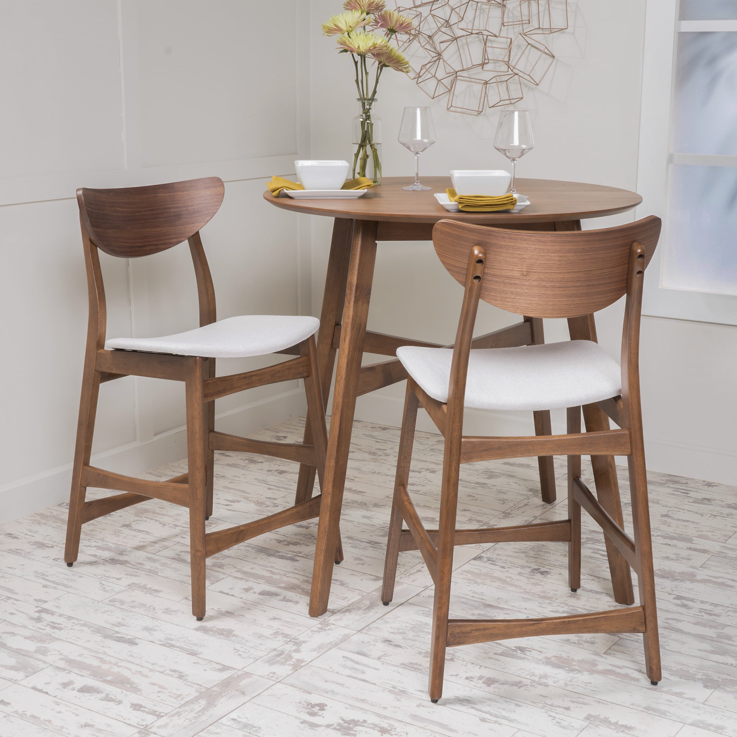 Noble House Mitchell Indoor Light Beige Fabric Walnut Counter Stools (Set of 2)