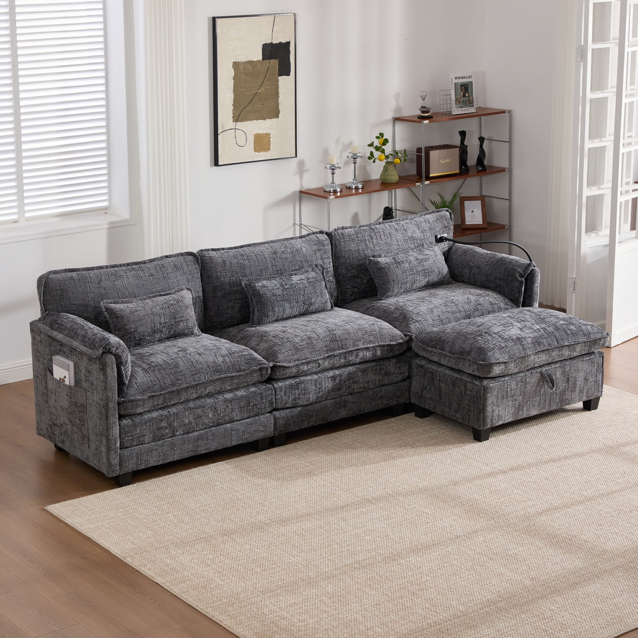 Noble House Modern 112" Oversized L-Shape Sectional Sofa, Chenille Cloud Couch with Modular Storage Ottoman, Gray