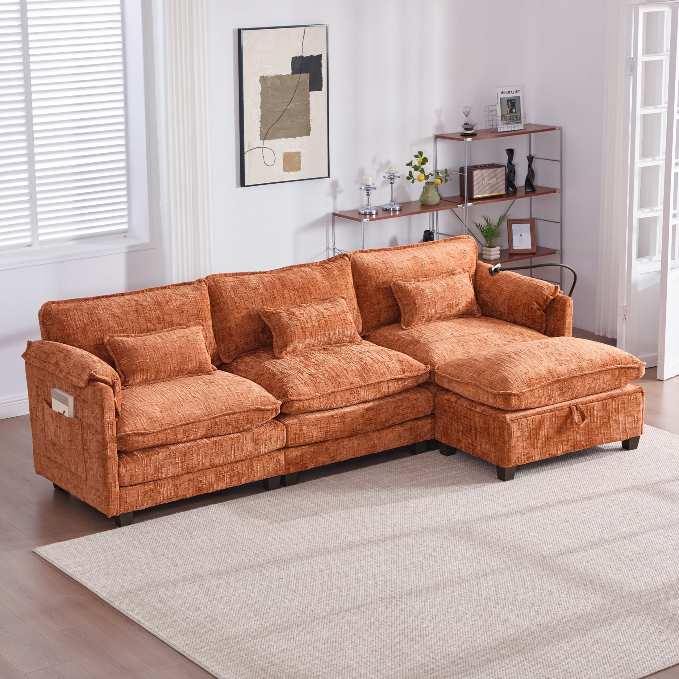 Noble House Modern 112" Oversized L-Shape Sectional Sofa, Chenille Cloud Couch with Modular Storage Ottoman, Orange