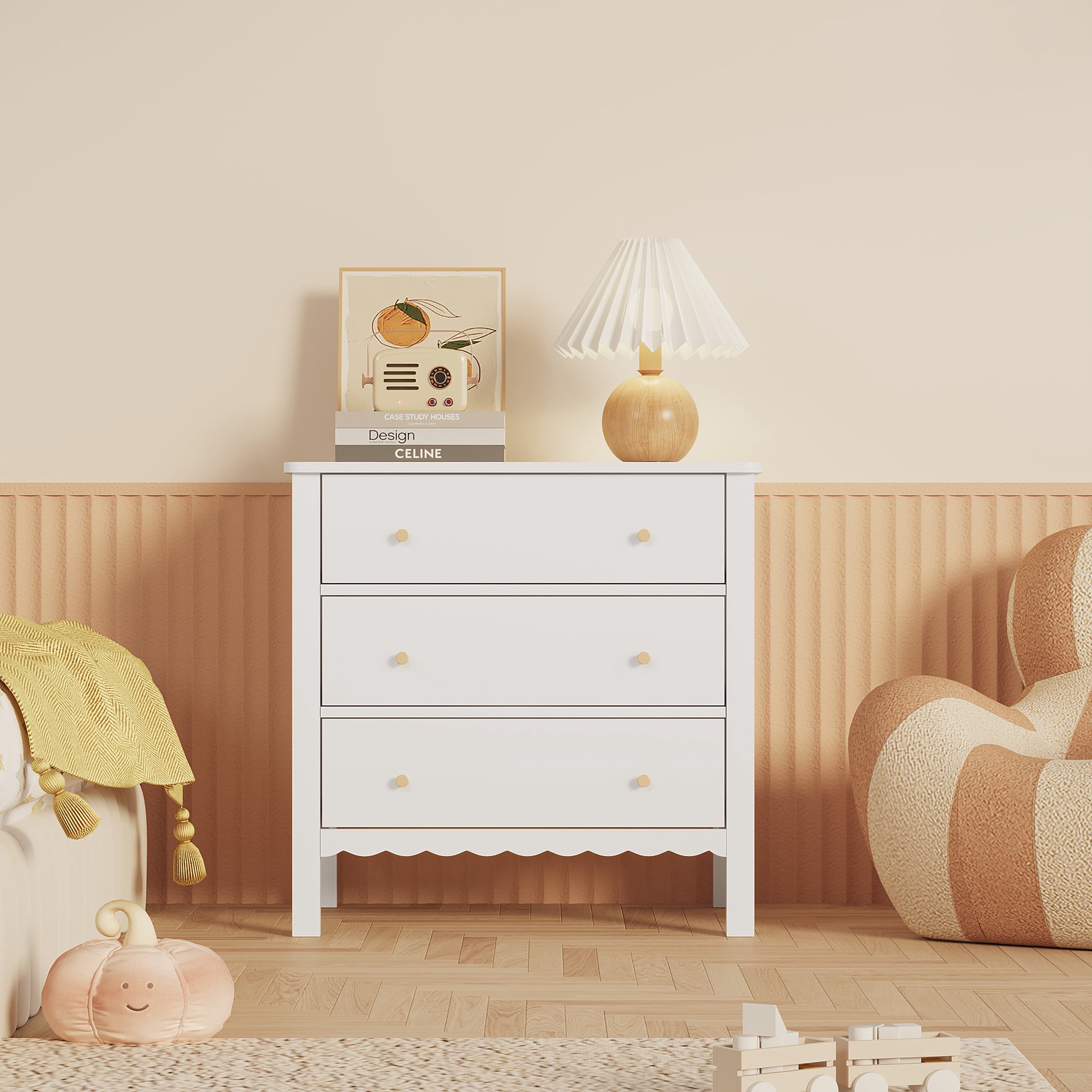 Noble House Modern 3 Drawer Dresser with Gold Knobs, Painted Wooden Storage Chest of Drawers for Nursery, White