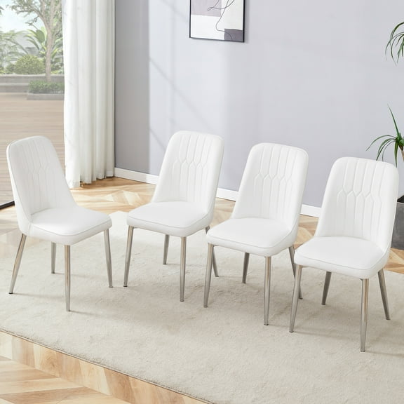 Noble House Modern 35" PU Leather Dining Chairs, Curved Back Thick Cushion, Stable Silver Metal Legs, White, Set of 4