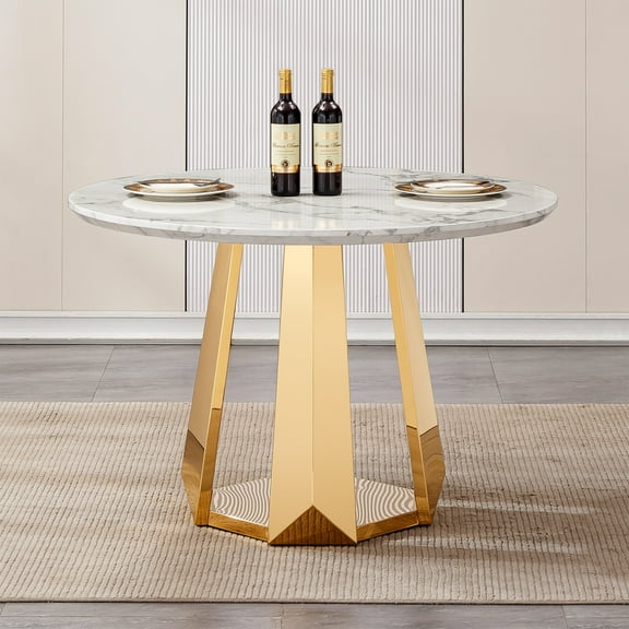 Noble House Modern 47" Round Faux Marble Dining Table with Stainless Steel Base, for Kitchen, Gloss White & Gold