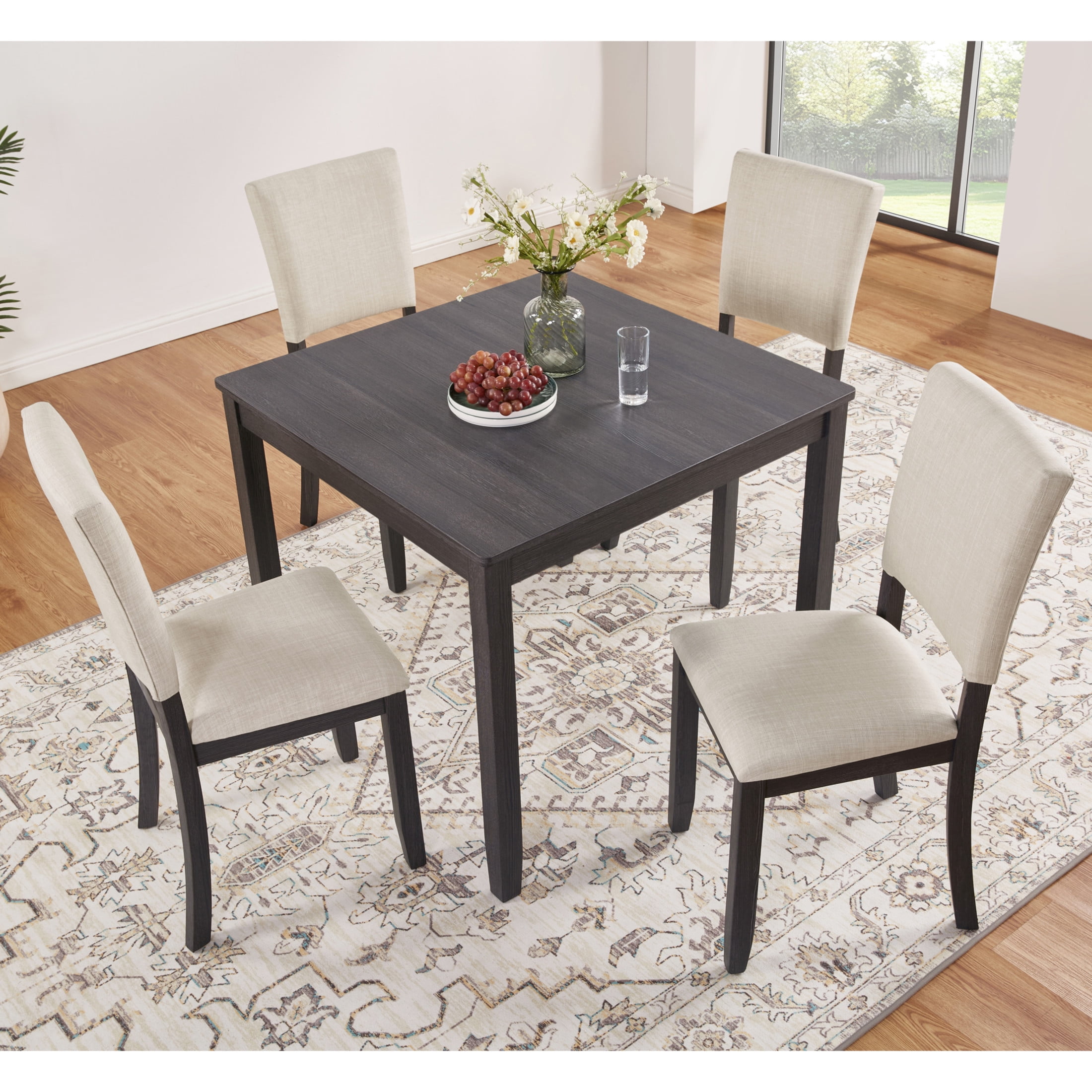 Noble House Modern 5-Piece Dining Set for 4, Square Dining Table with Upholstered Chairs, Antique Black+Beige