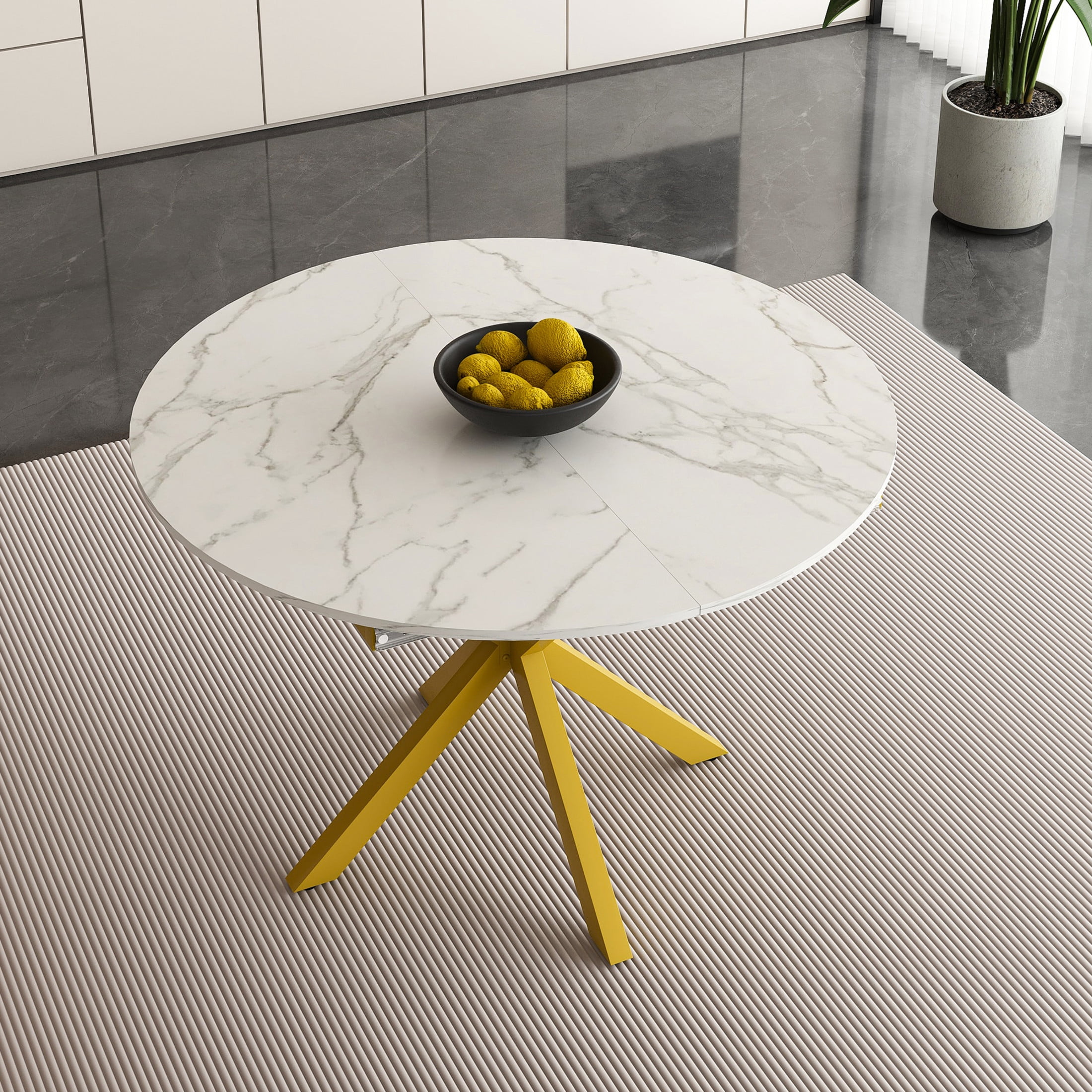 Noble House Modern 59" Round Extendable Dining Table with Marble Top, Steel X-Base, 4-6 Person, White