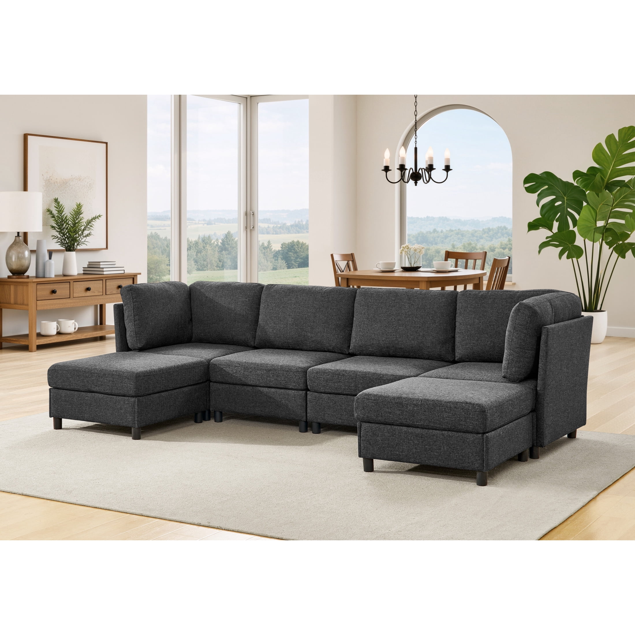 Noble House Modern 6-Seat Modular Sectional Sofa with Convertible Ottoman, Dark Gray
