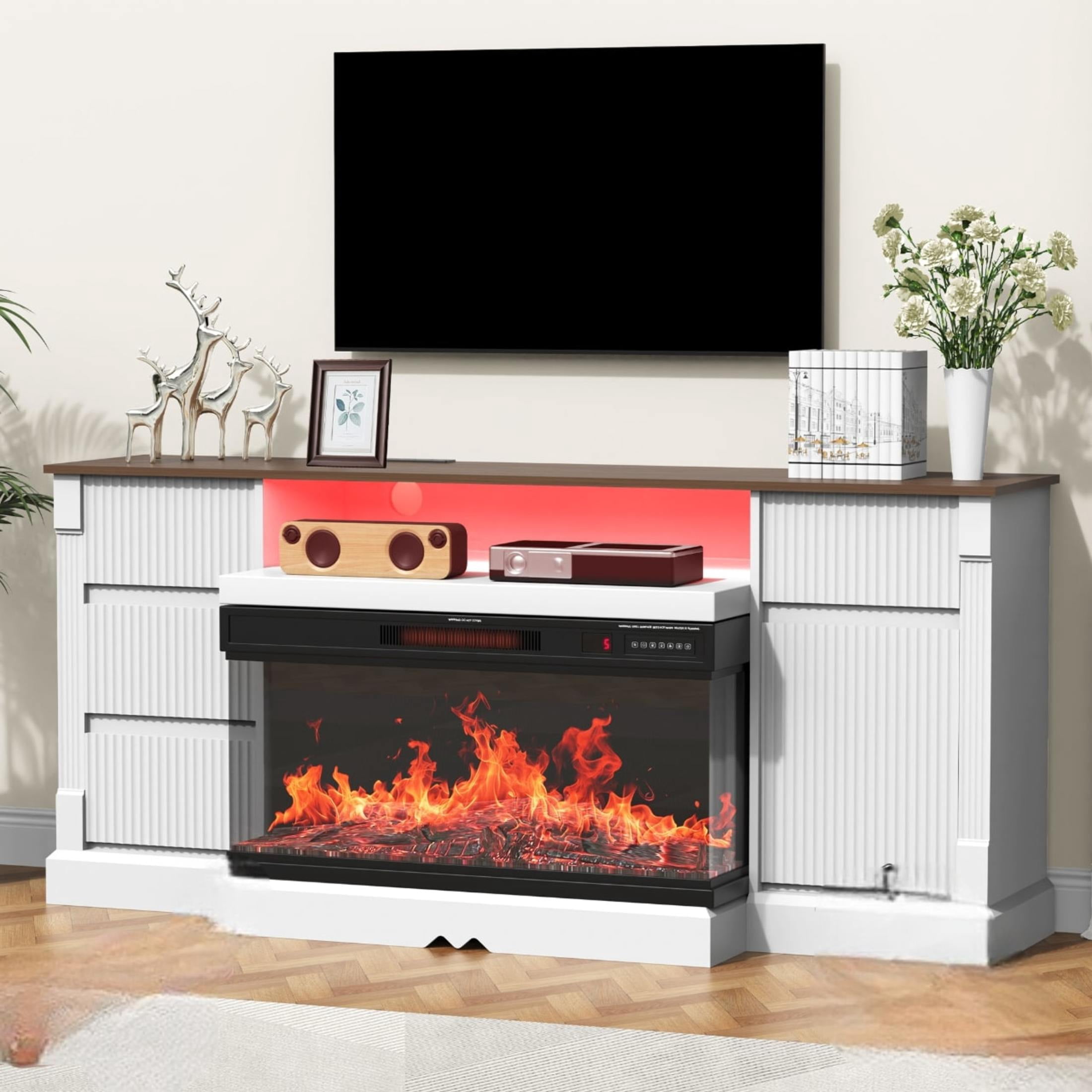 Noble House Modern 70" Glass TV Stand with 3-Sided Electric Fireplace, LED Lights and Storage, TVs up to 80", White
