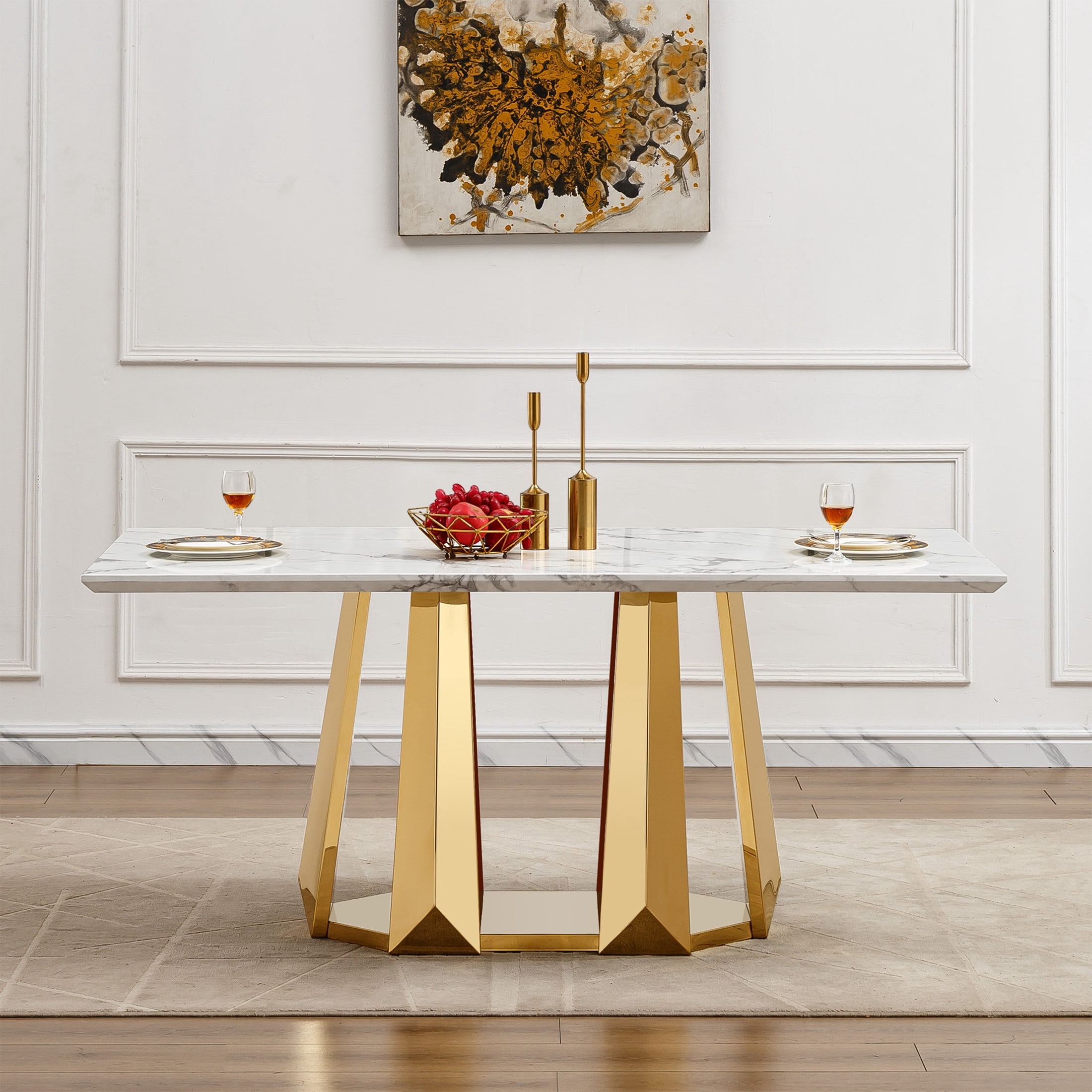 Noble House Modern 70" Rectangle Faux Marble Dining Table with Stainless Steel Base, for Kitchen, Gloss White & Gold