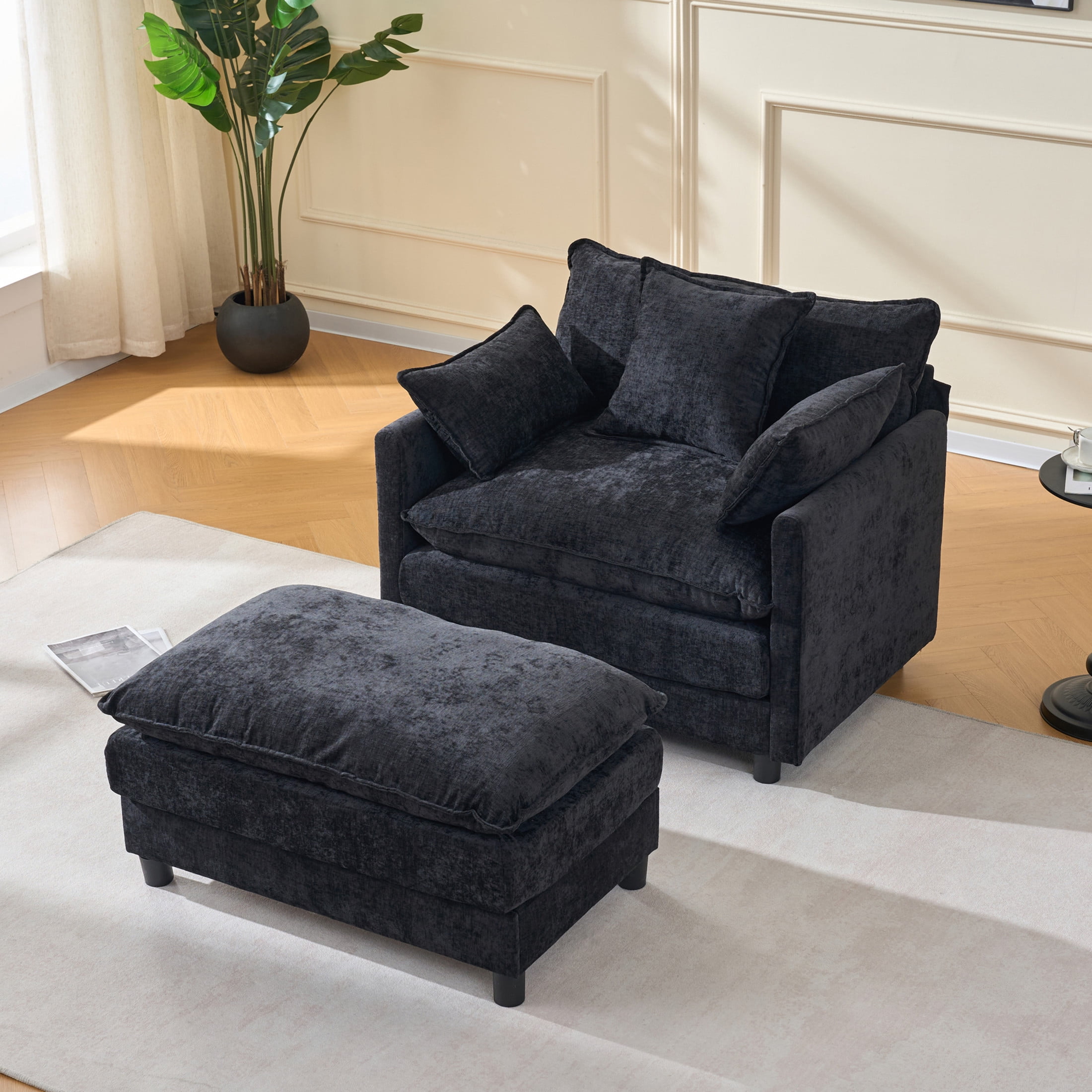 Noble House Modern Chenille Upholstered Accent Chair with Ottoman, Solid Wood Frame, Black