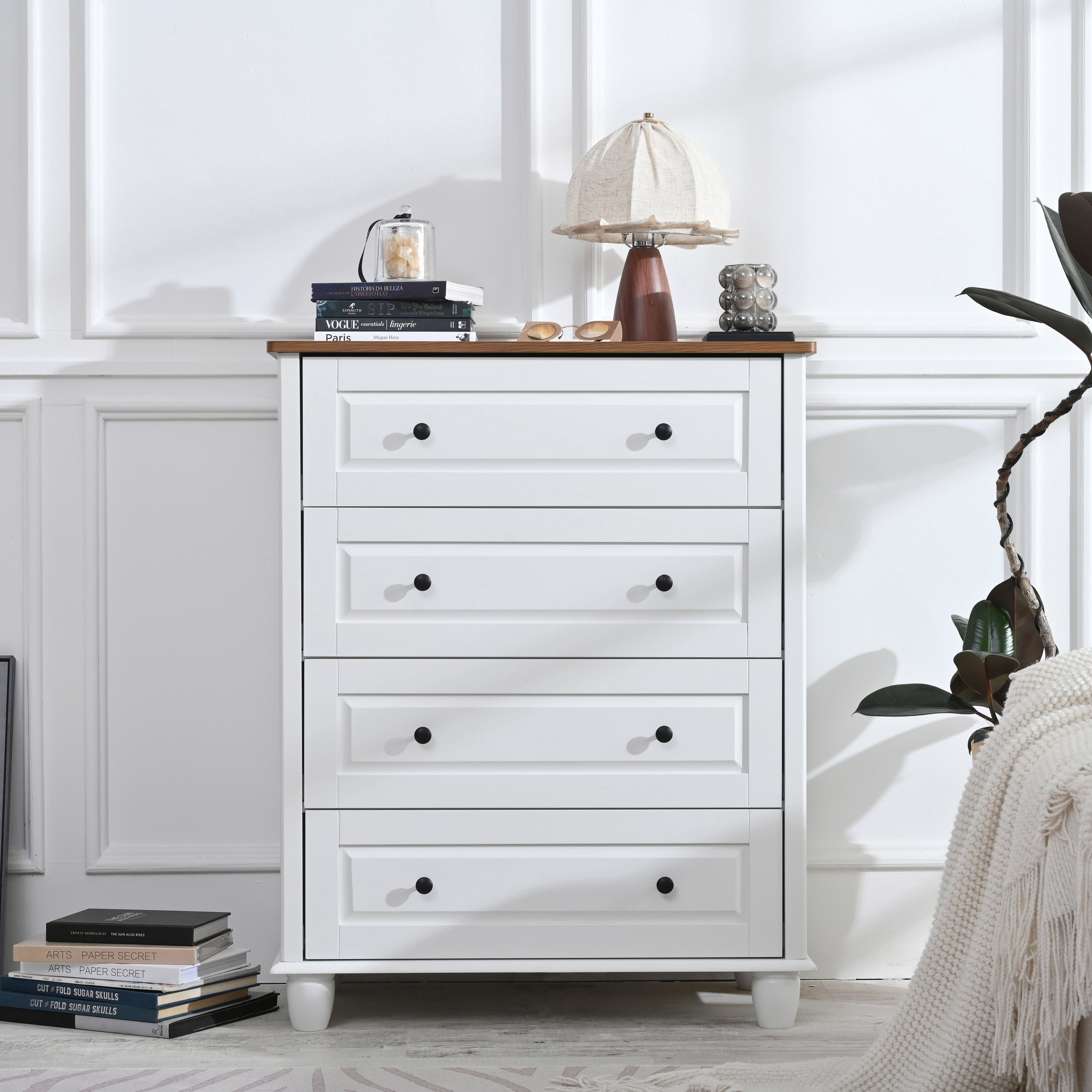 Noble House Modern Chest of Drawers, Pine Wood Frame 4-Drawer Tall Storage Dresser with Solid Wood Legs, White