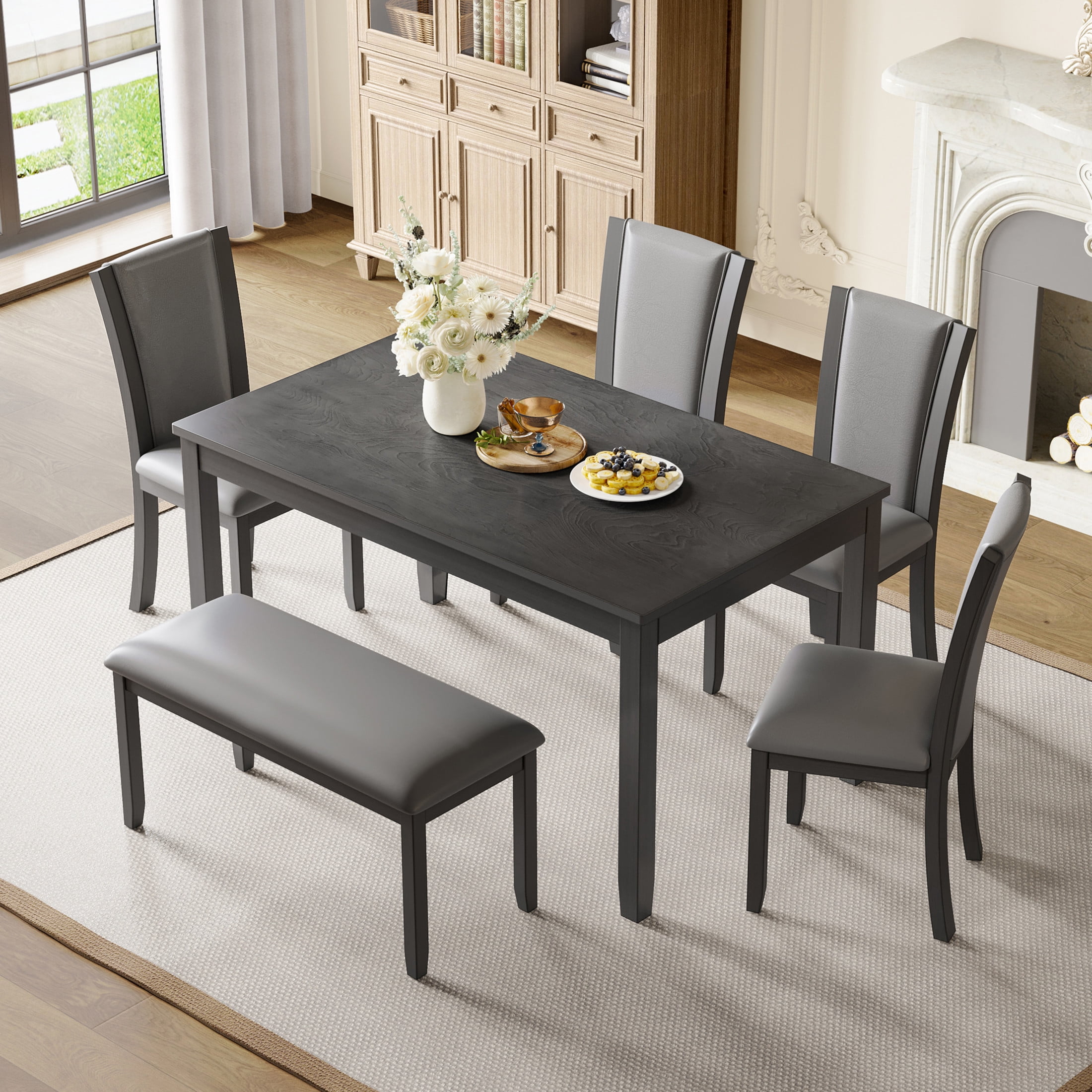 Noble House Modern Dining Table Set for 6 with Bench and Leather Upholstered Chairs, Wood Frame, Gray