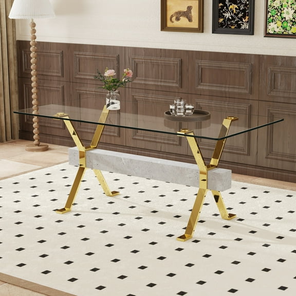 Noble House Modern Dining Table, Tempered Glass Top, X-Shaped Gold Metal Legs, Gray MDF Beam for Home Office, Clear