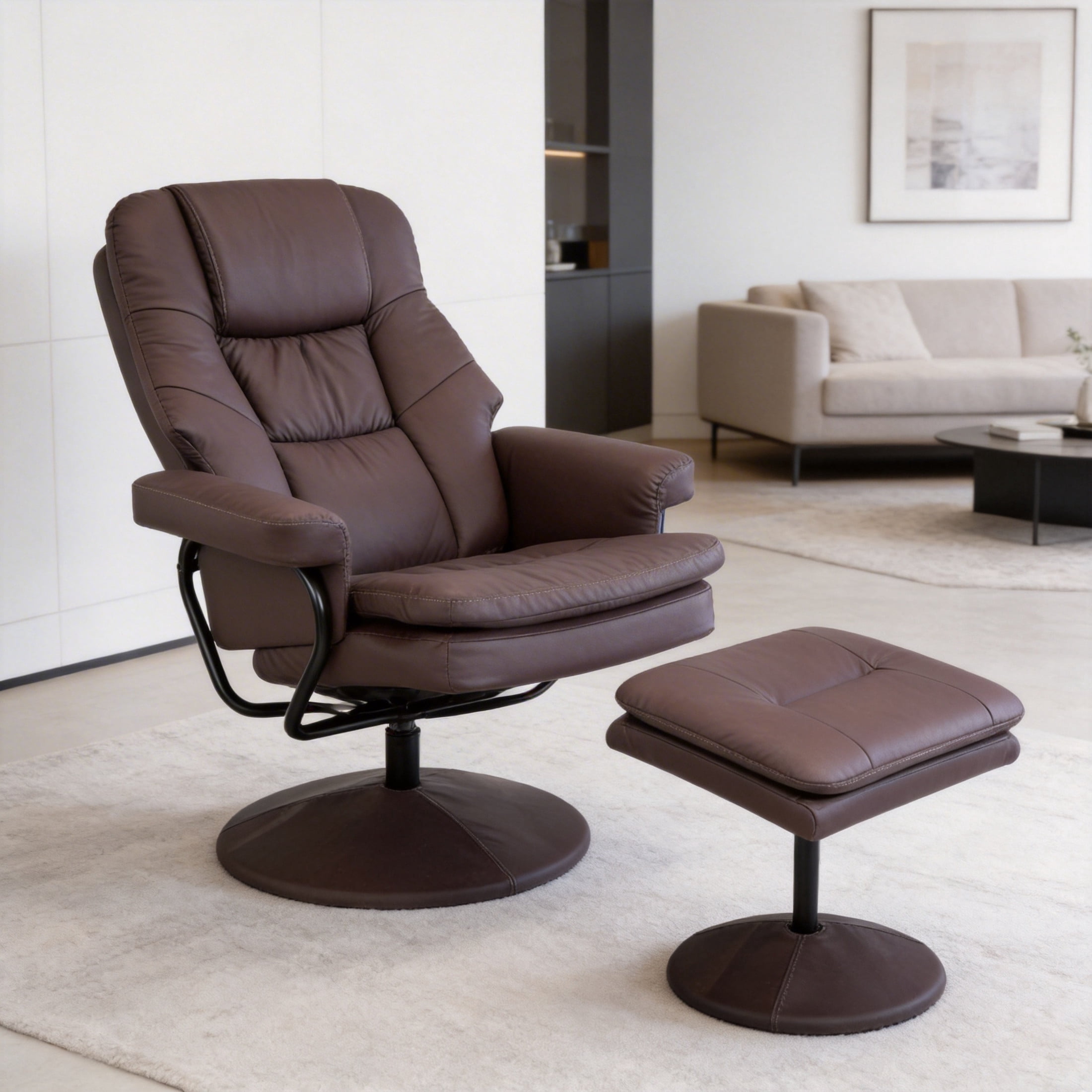 Noble House Modern Ergonomic Manual Swivel Recliner and Ottoman Footrest, Durable Faux Leather Upholstered, Brown