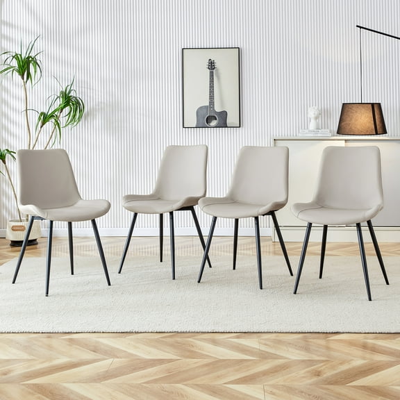 Noble House Modern Faux Leather Dining Chairs, Curved Widened Seat, Black Metal Legs, Warm Gray, Set of 4