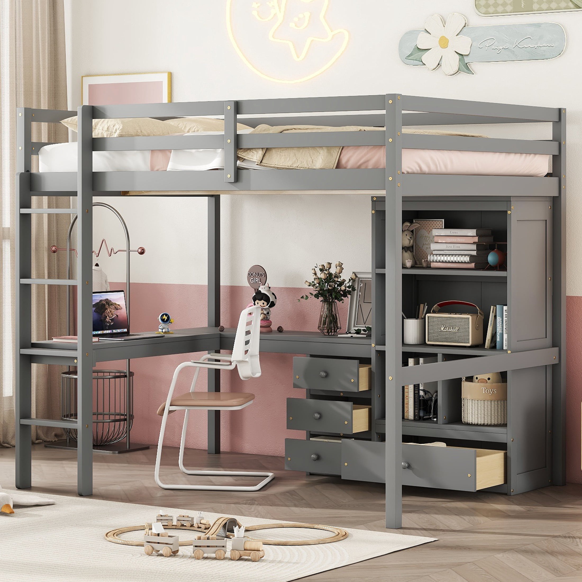 Noble House Modern Full Size Loft Bed with Desk, Storage Shelves and Built-in Ladder, Pine Wood Frame with Guardrails, Grey