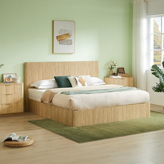 Noble House Modern Lift-Up Storage Bed Frame with Wooden Corrugated Curved Lines, King Size, Oak