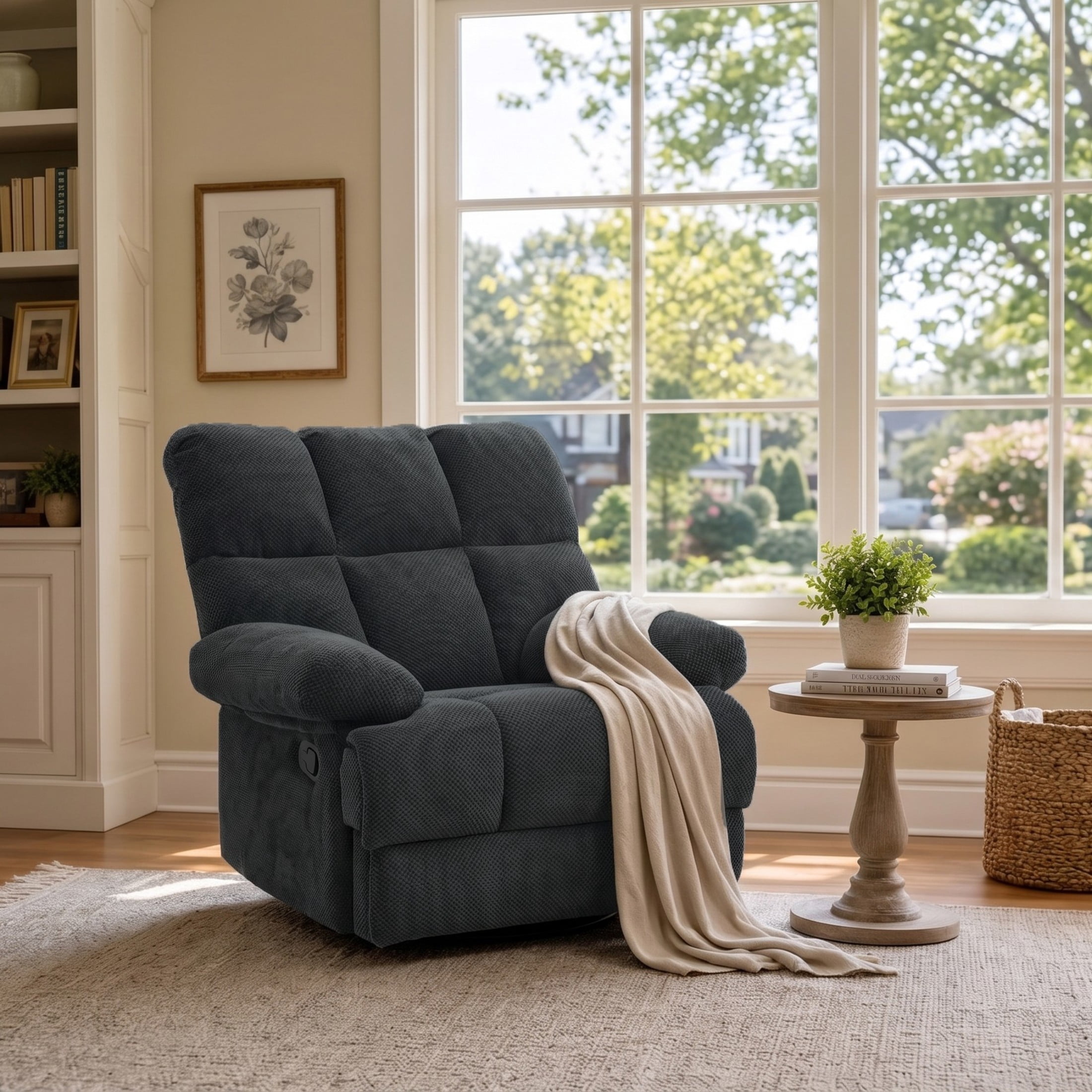 Noble House Modern Manual Rocker Recliner Chair with Nubby Upholstery Fabric, Padded Arms, Dark Gray
