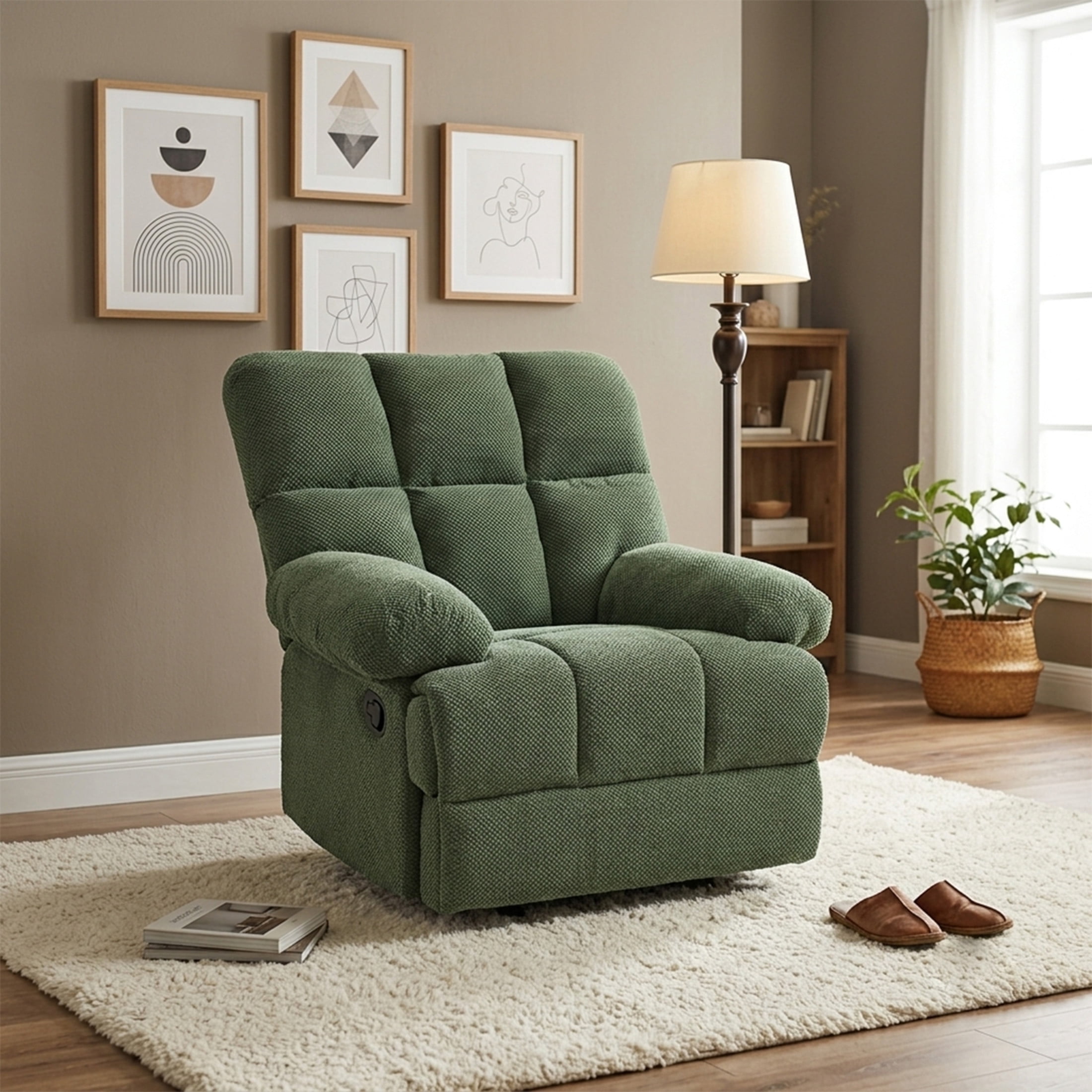 Noble House Modern Manual Rocker Recliner Chair with Nubby Upholstery Fabric, Padded Arms, Dark Green