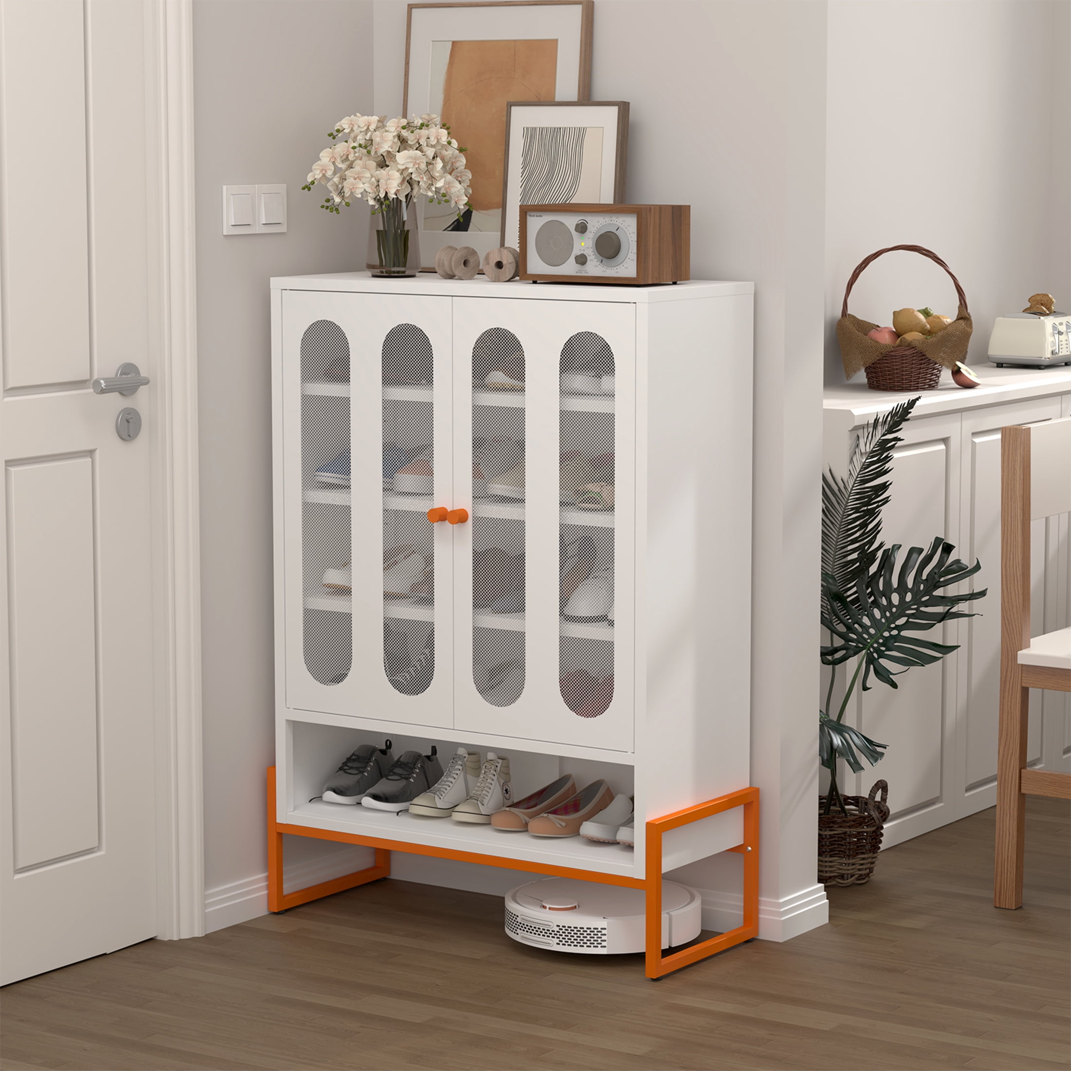 Noble House Modern Metal Shoe Cabinet with Adjustable Shelves, Mesh Doors & High Foot Base, White