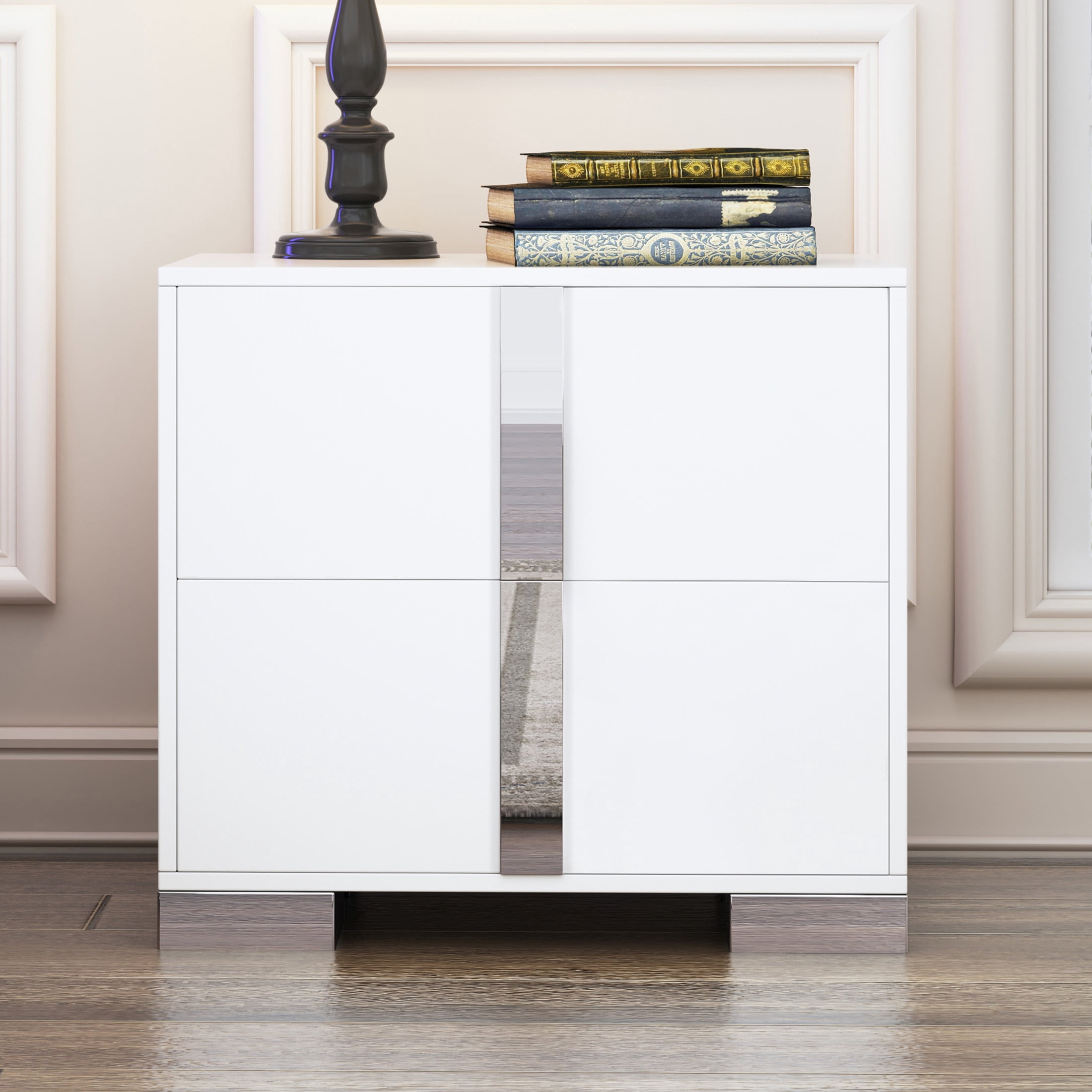 Noble House Modern Mirrored Nightstand with 2 Drawers and Metal Legs, White