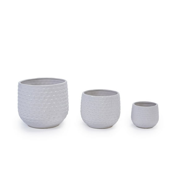 Noble House Modern Nicole Flowerpot Set, Premium Ceramic with Matte Finish and Drainage Hole, Set of 3, White