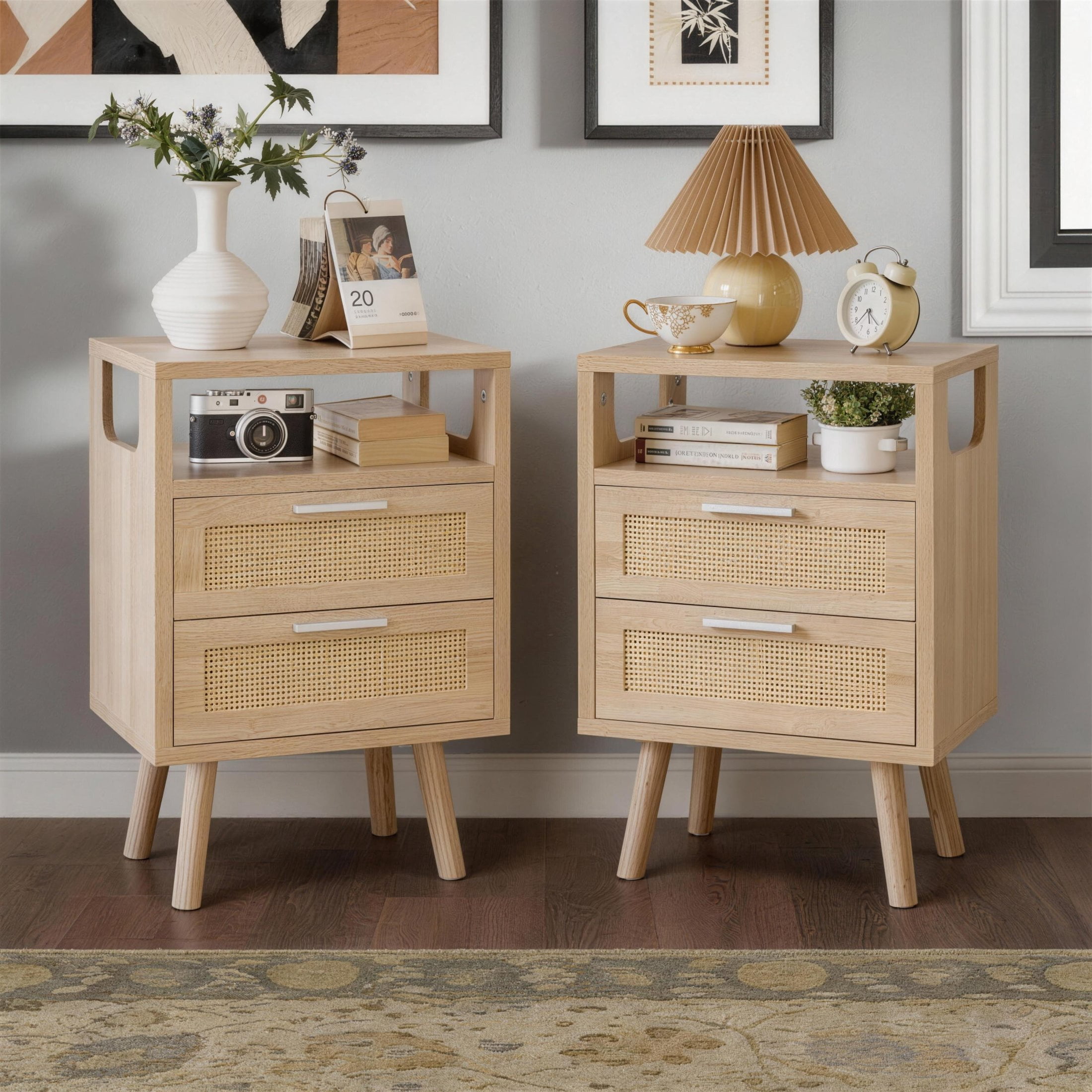 Noble House Modern Nightstand Set of 2 with Drawers, Wood Bedside Tables with Metal Handles, Natural