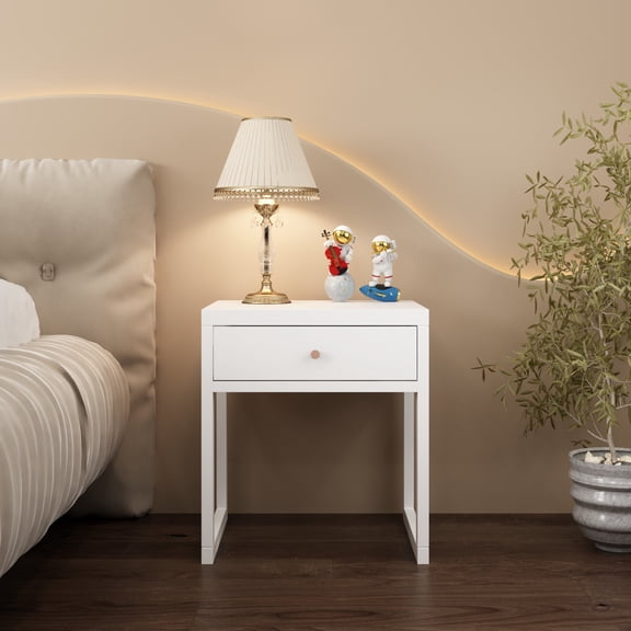 Noble House Modern Nightstand with Drawer, Compact Bedside Table with Wood Knob for Small Bedrooms, White